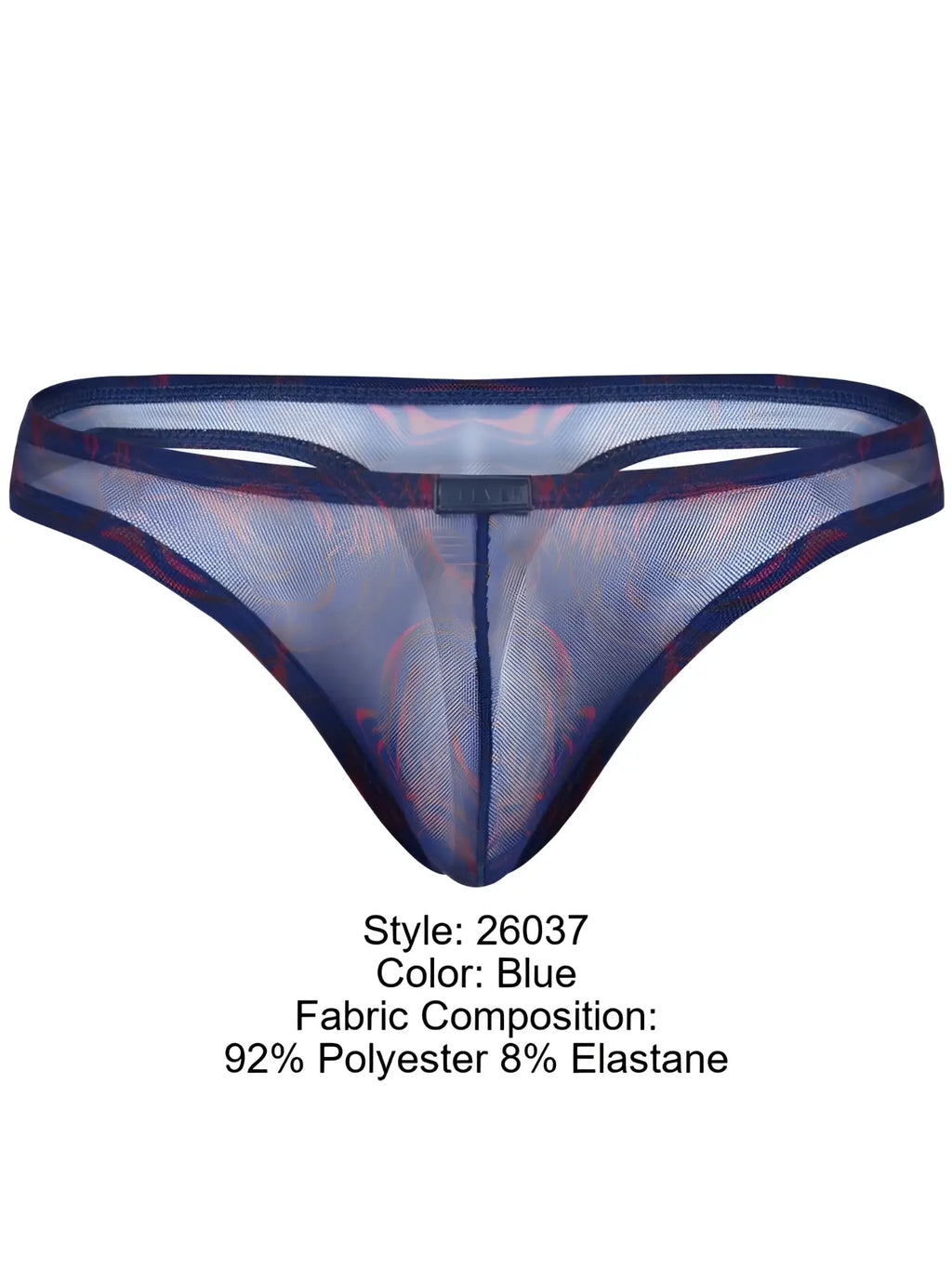 Clever 26037 Calipso thong in sheer blue mesh with red patterned accents and a center waistband logo tag.