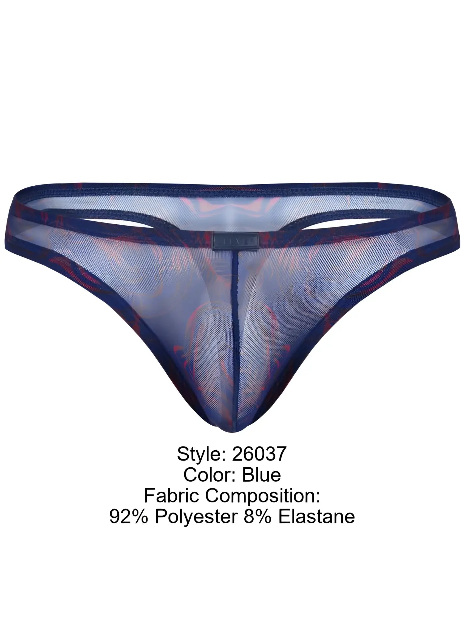 Clever 26037 Calipso thong in sheer blue mesh with red patterned accents and a center waistband logo tag.