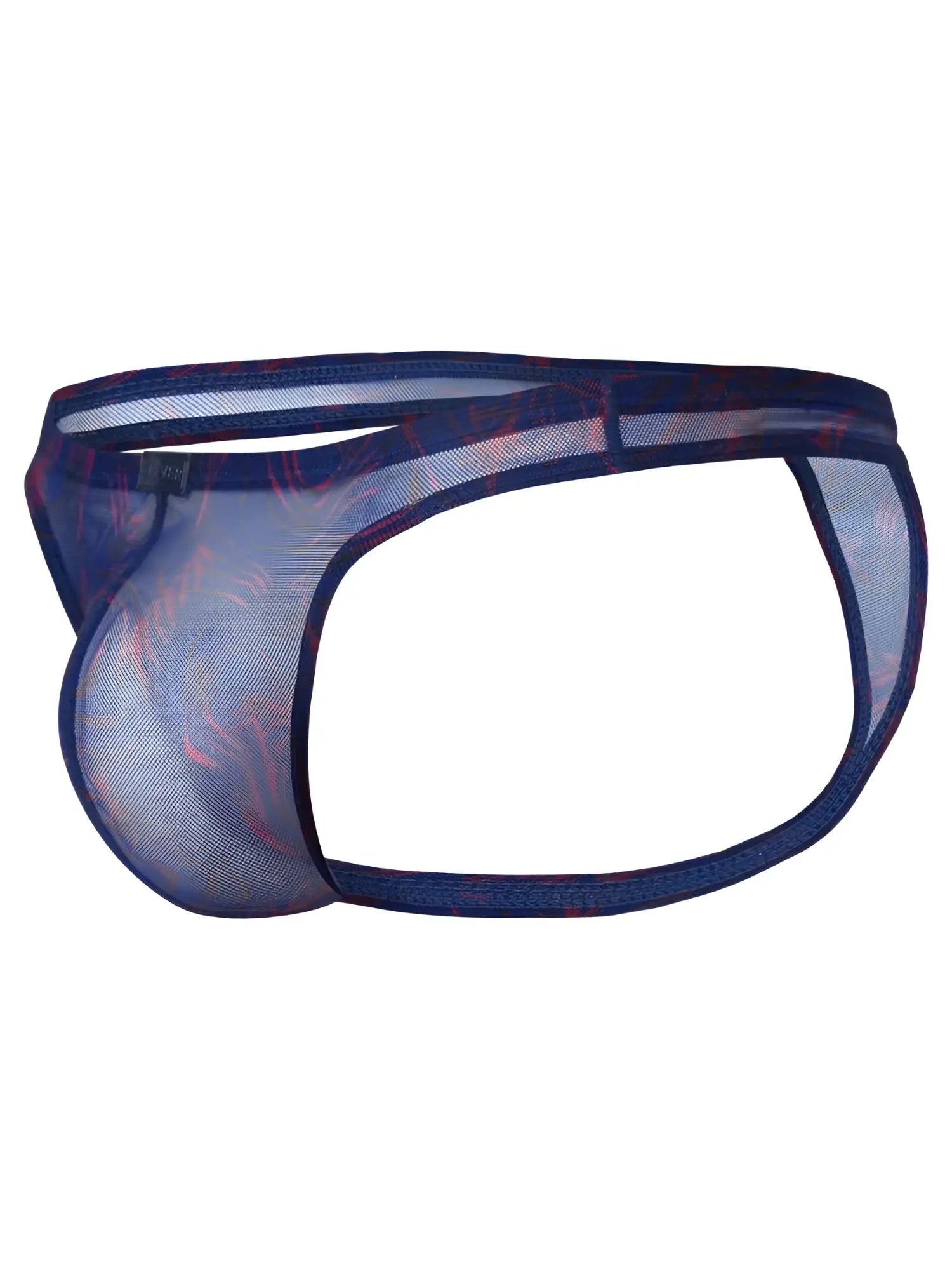 Clever 26037 Calipso thong in sheer blue mesh with red patterned print and thin elastic waistband.