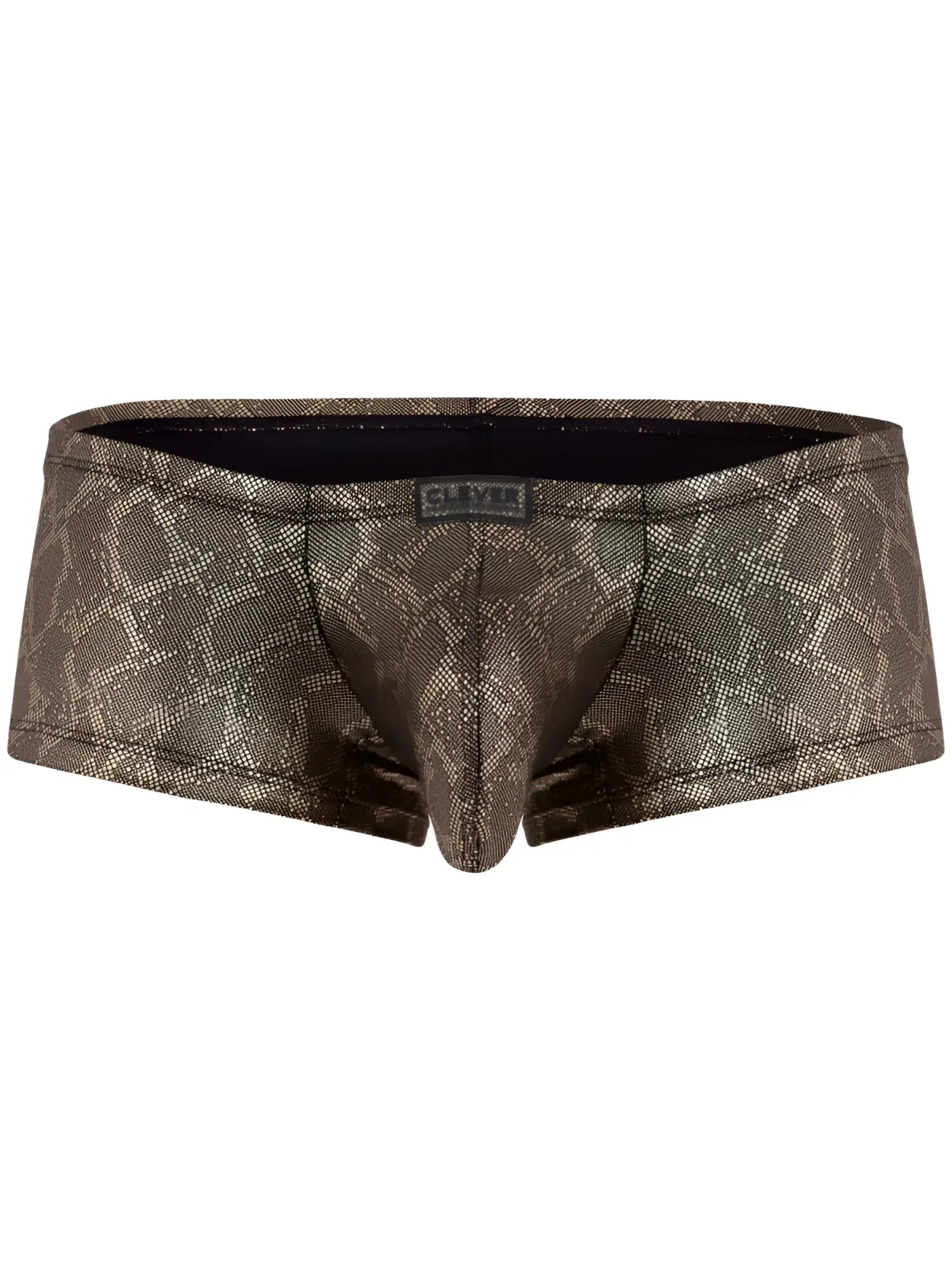 Clever 26042 Atlas trunks in metallic gold with a black snakeskin-inspired textured pattern and center logo patch.
