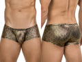Clever 26042 Atlas trunks in metallic gold with a snakeskin pattern, shown from front and back views on a model.