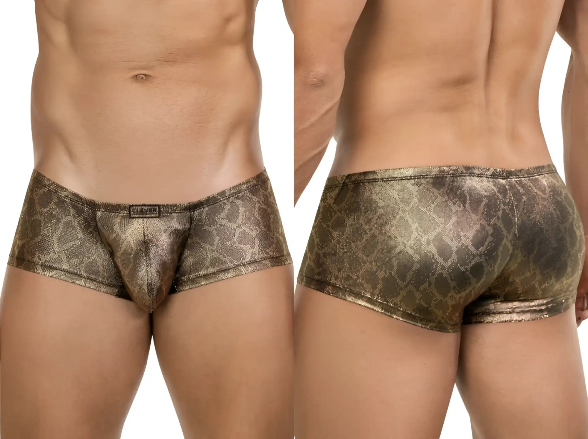 Clever 26042 Atlas trunks in metallic gold with a snakeskin pattern, shown from front and back views on a model.
