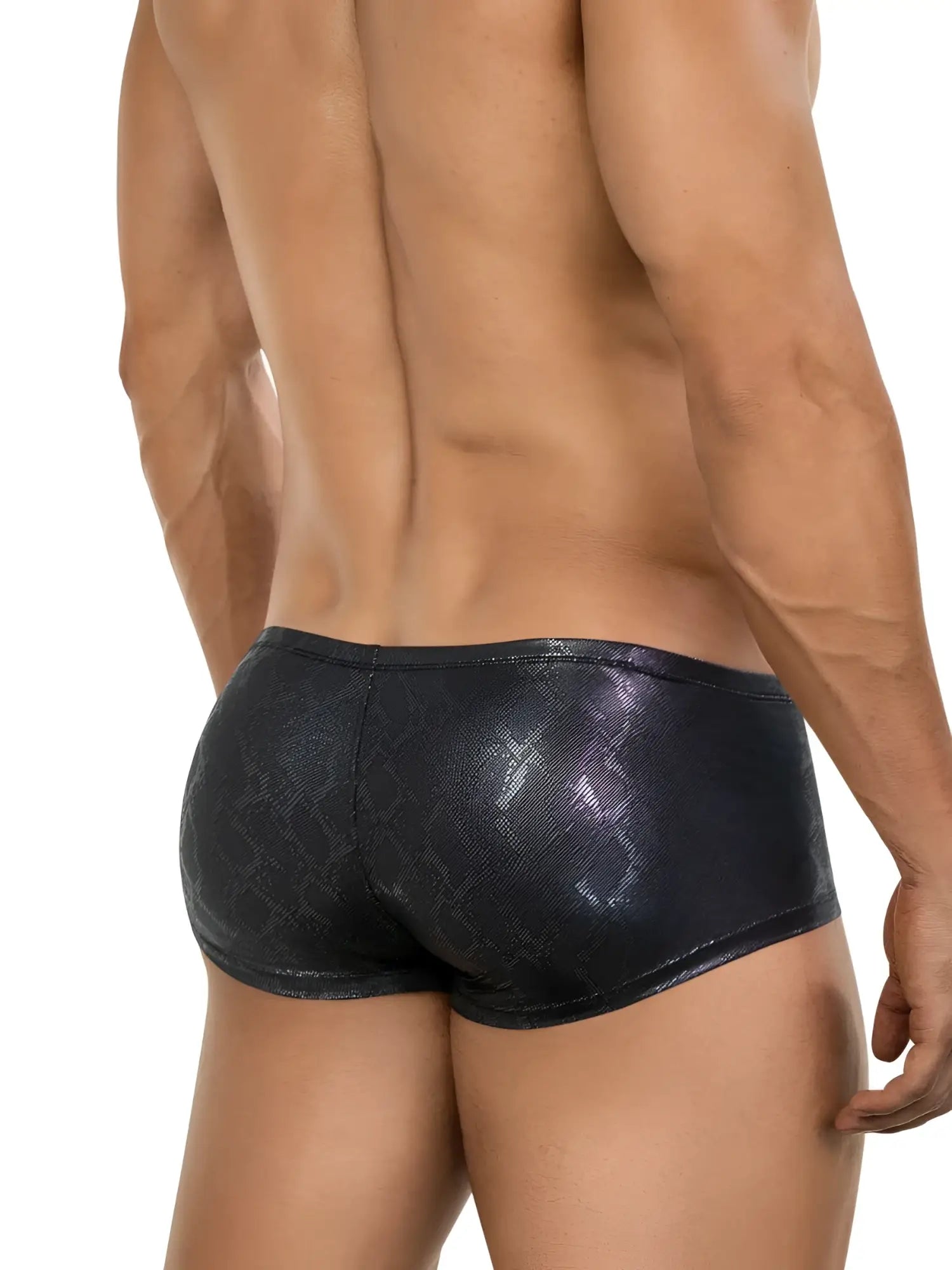 Clever 26043 Atlas trunks in sleek, black metallic fabric with a subtle snakeskin-like pattern, worn by a man.