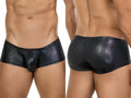 Clever 26043 Atlas trunks in sleek black metallic with a subtle snakeskin-style texture, shown from front and back.