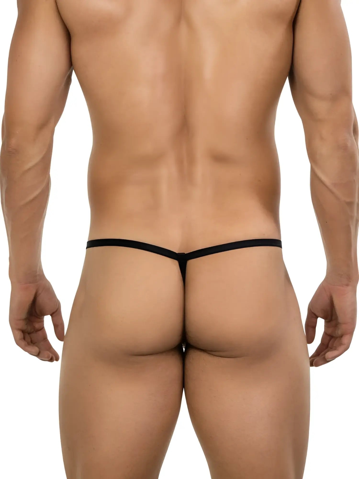 Back view of a man wearing the gold Clever 26046 Atlas G-string with thin black straps on a white background.