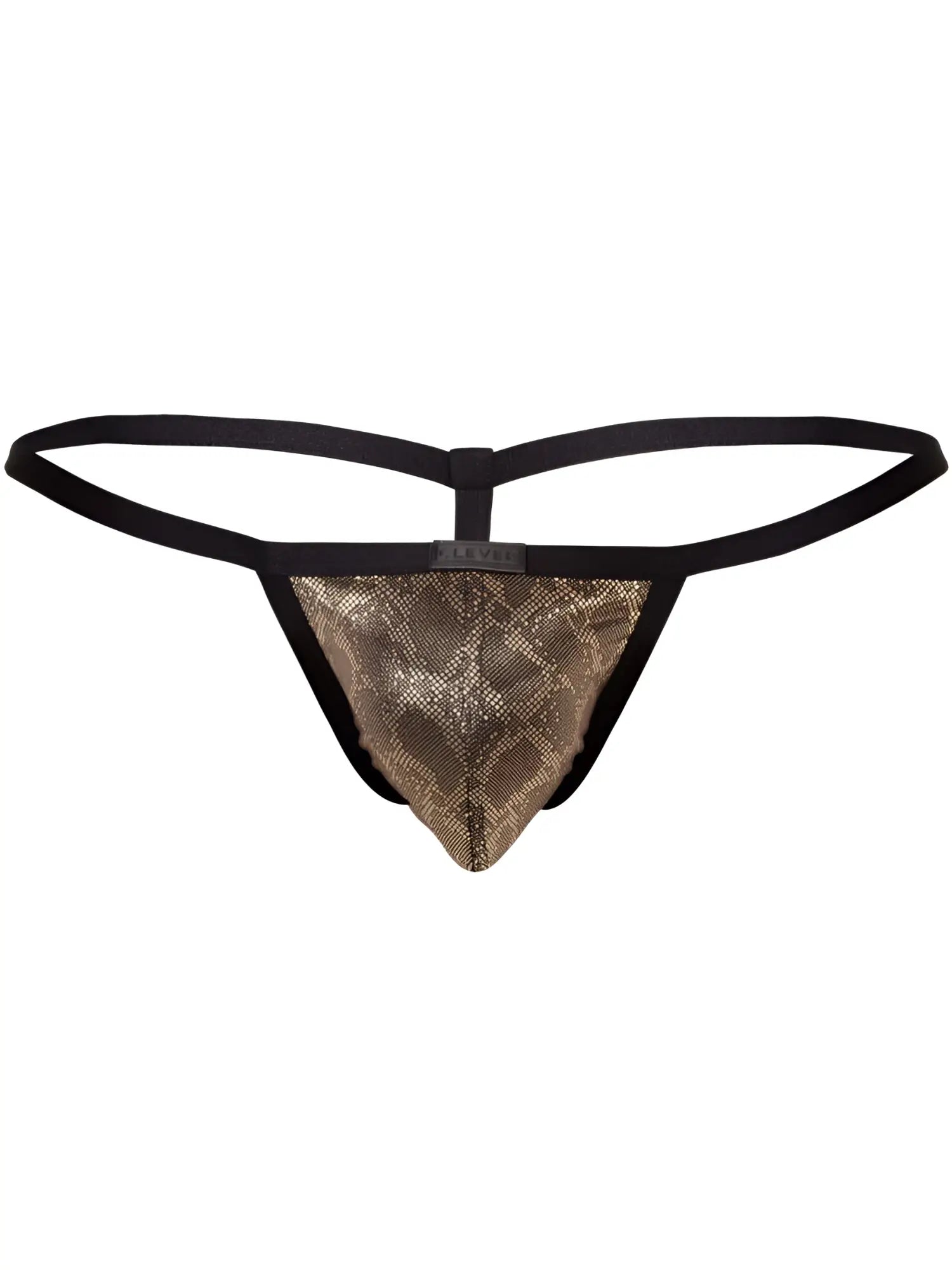 Clever 26046 Atlas G-string in gold with a snakeskin pattern, black elastic straps, and a center logo tag.