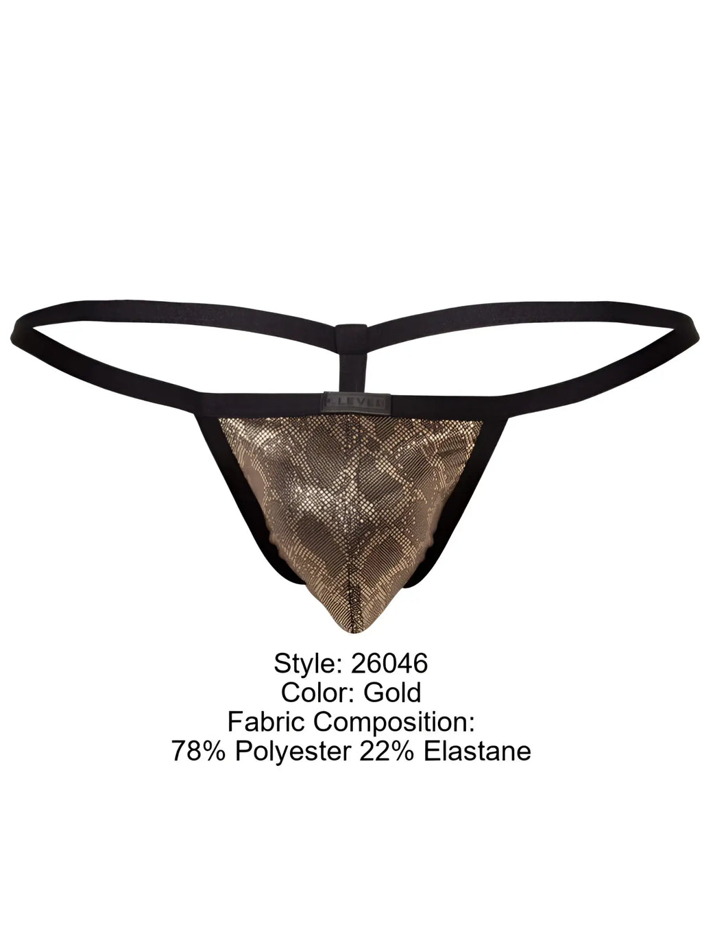 Clever 26046 Atlas G-string in gold with a metallic snakeskin pattern, black elastic straps, and a front logo tag.
