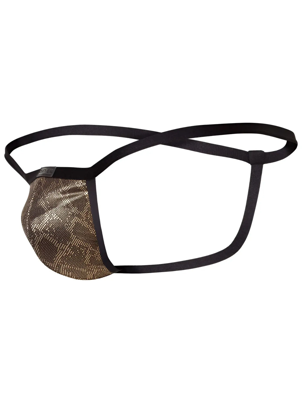 Clever 26046 Atlas G-string in metallic gold with a black snakeskin-style front pouch and thin black elastic straps.