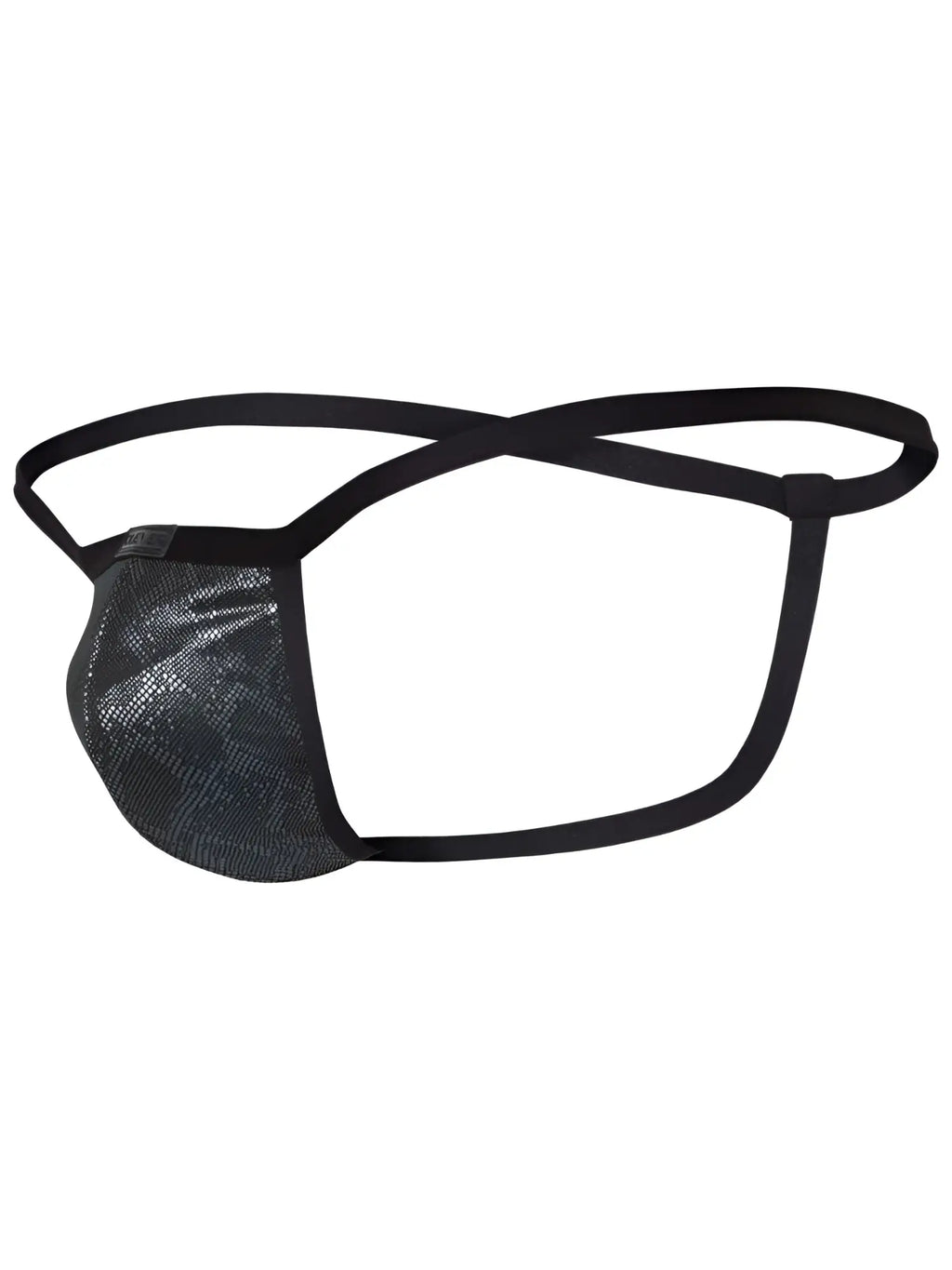 Clever 26047 Atlas G-string in black. Features a textured, metallic snakeskin-style pouch and slim elastic straps.