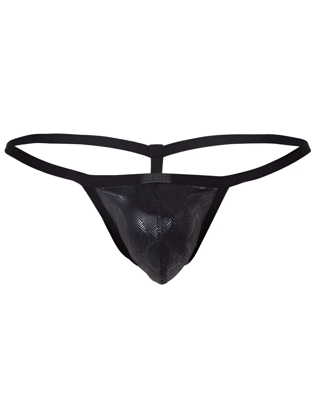 Clever 26047 Atlas G-String in black. Featuring a textured, snakeskin-patterned pouch and minimalist elastic straps.