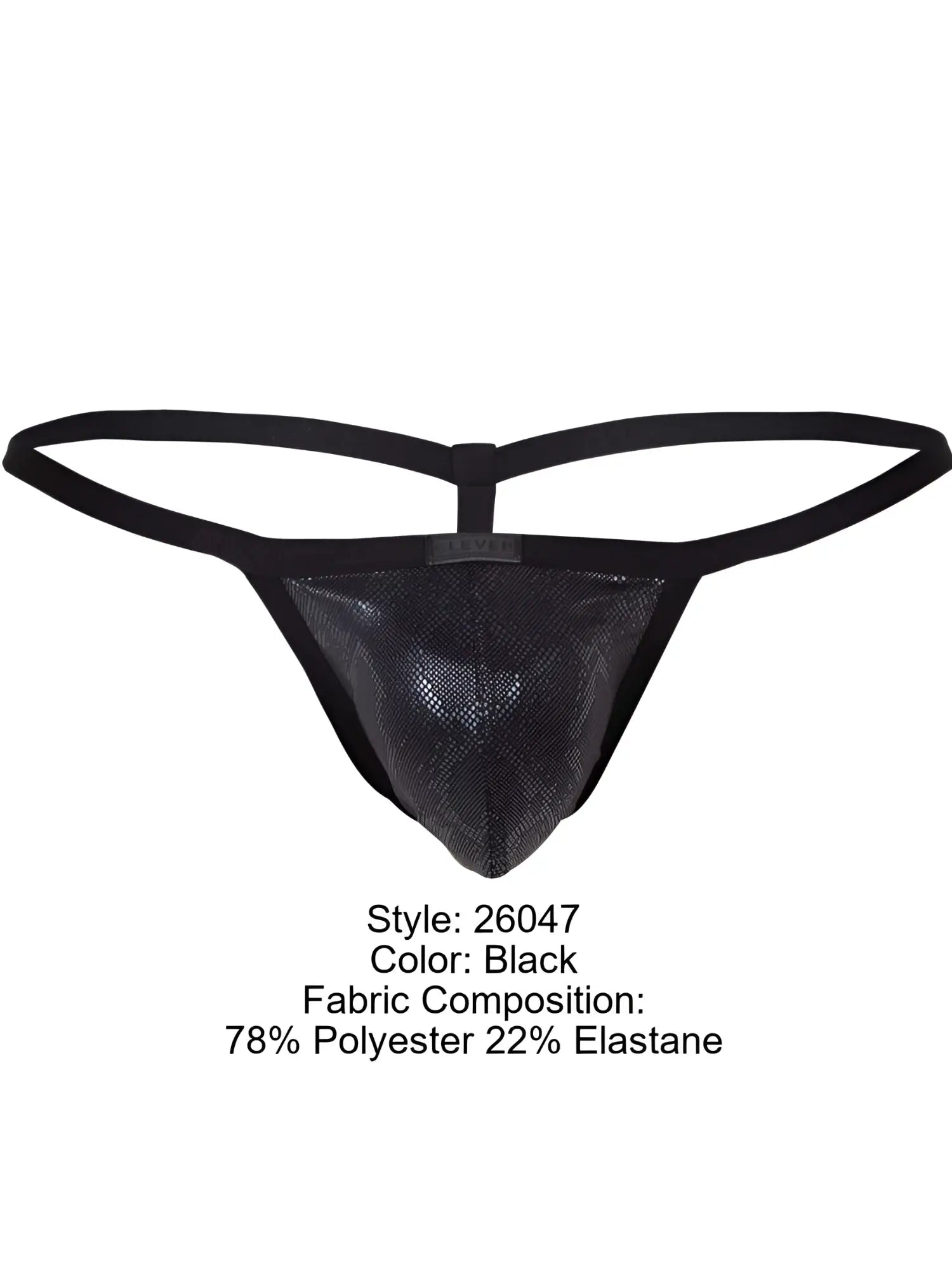 Clever 26047 Atlas G-String in black. Featuring a textured, snakeskin-patterned pouch and thin, minimal waist straps.