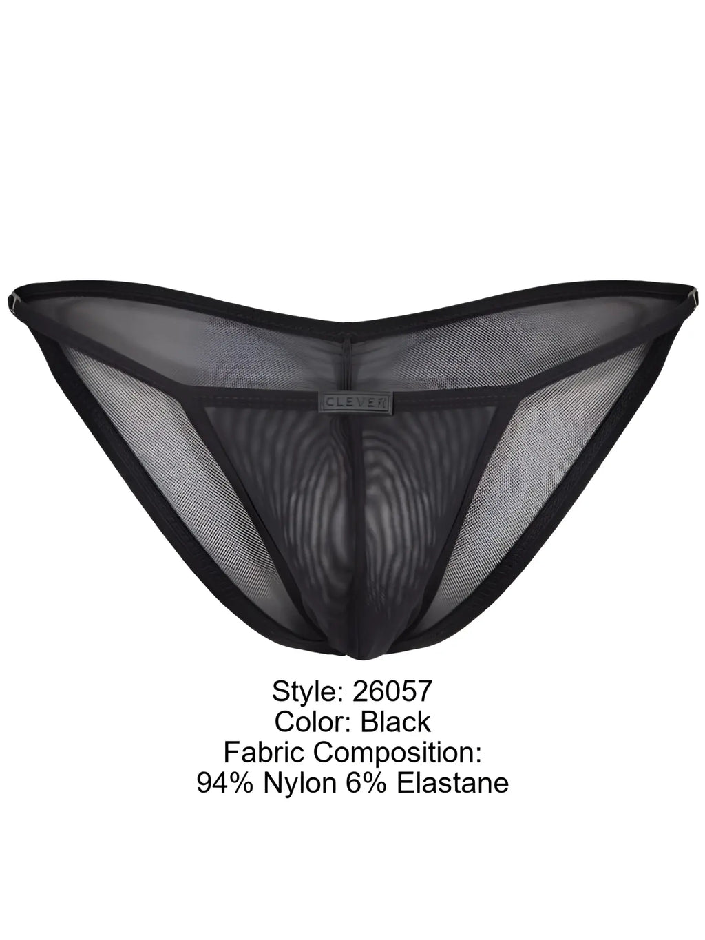 Clever 26057 Eos black bikini in sheer, minimalist mesh fabric with a central logo tab on an elasticated waistband.