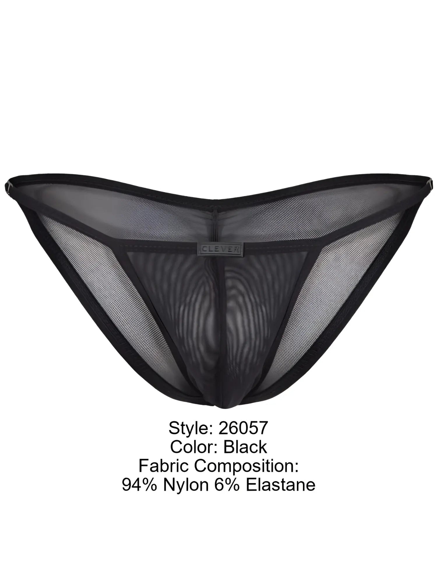 Clever 26057 Eos black bikini in sheer, minimalist mesh fabric with a central logo tab on an elasticated waistband.