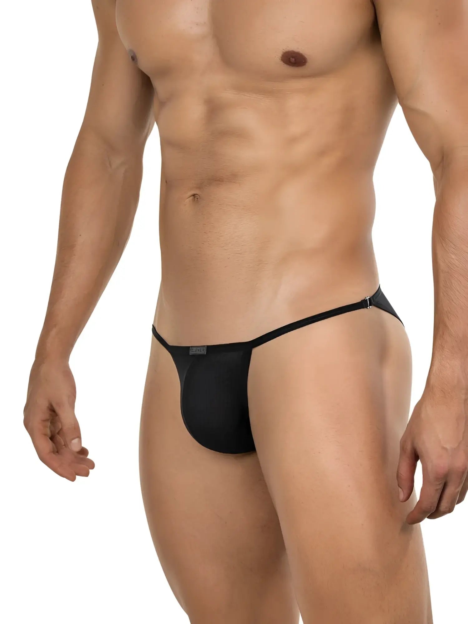 Clever 26057 Eos black bikini with minimalist design, featuring a thin waistband and contoured pouch on a male model.