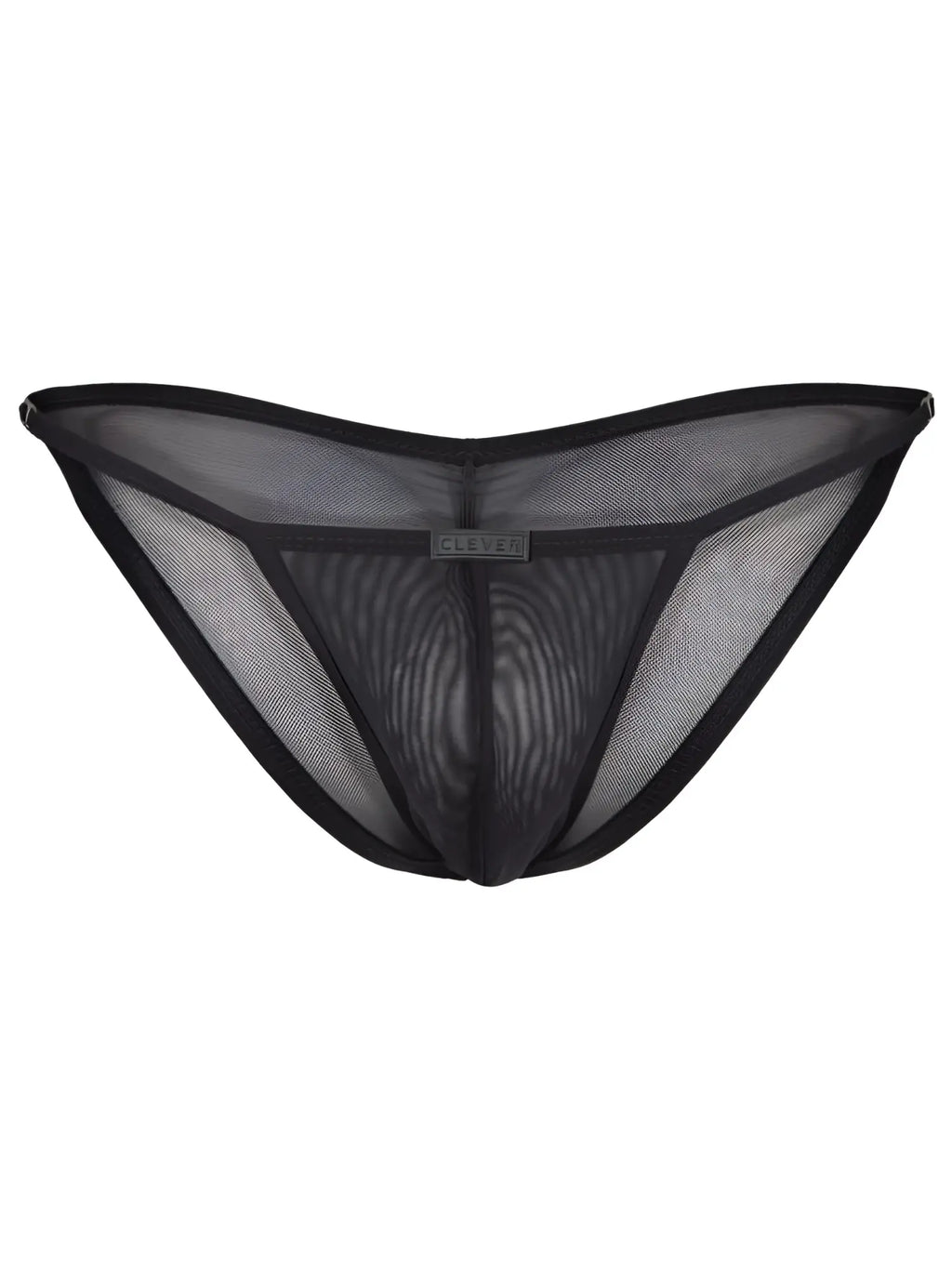 Clever 26057 Eos black bikini in sheer, minimalist mesh fabric with a centered Clever logo tag.