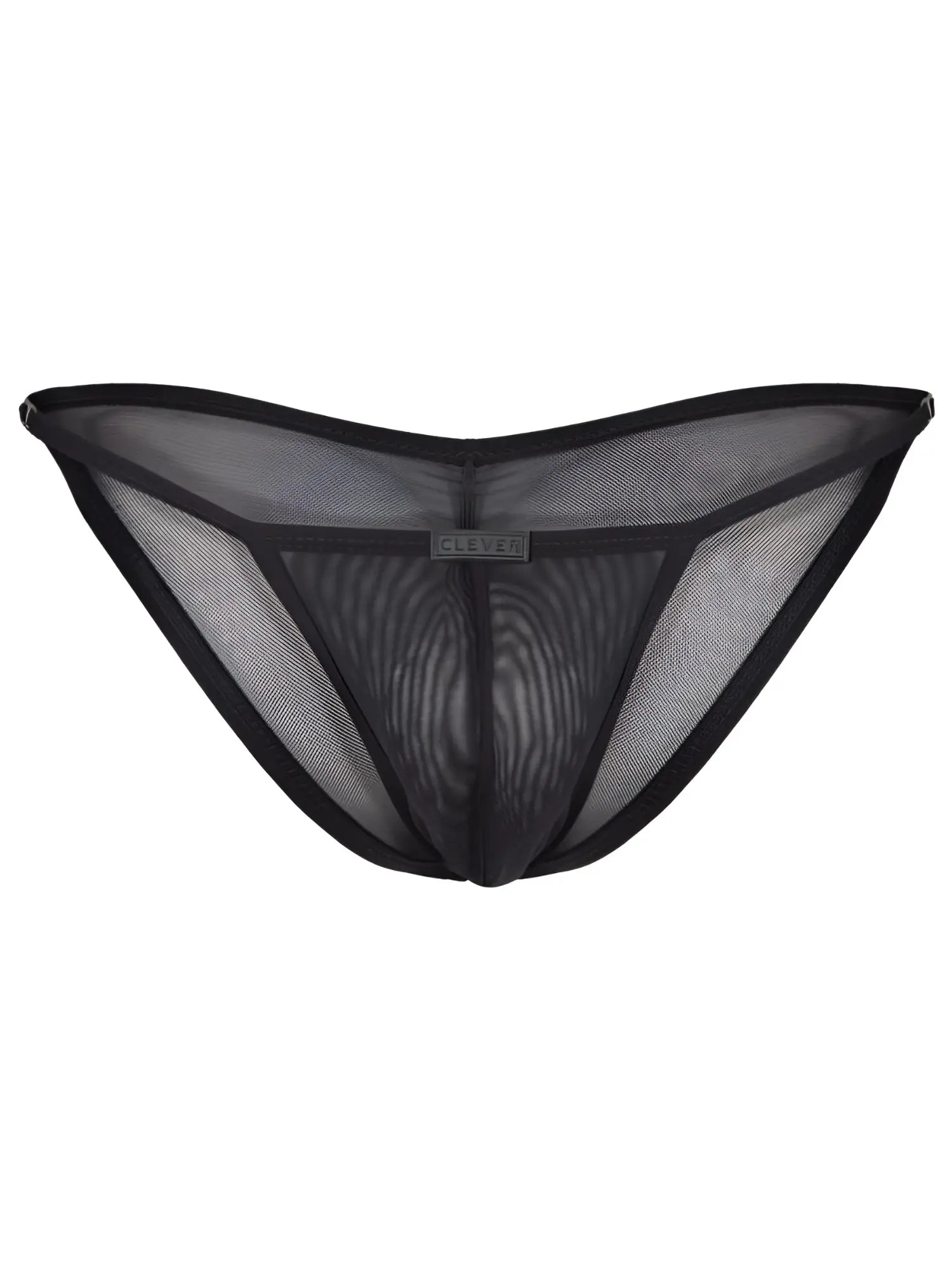 Clever 26057 Eos black bikini in sheer, minimalist mesh fabric with a centered Clever logo tag.