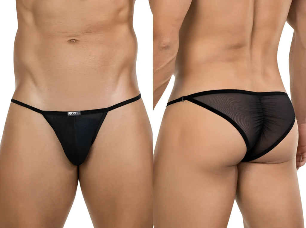 Clever 26057 Eos Bikini in black: front and back view of a minimalist sheer mesh bikini with a ruched back design.