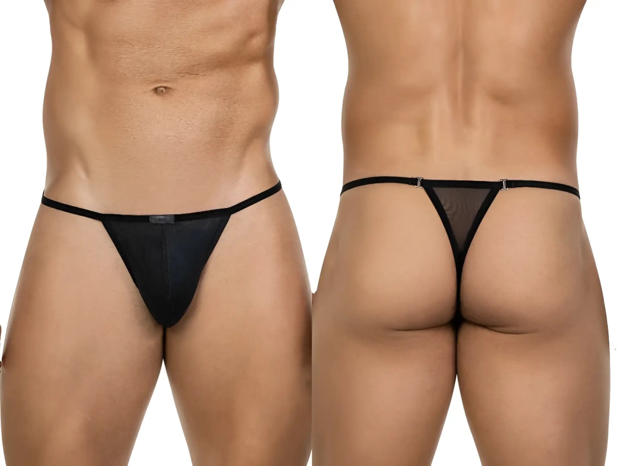 Clever 26058 Eos black mesh thong shown from front and back, featuring minimalist side straps and breathable design.