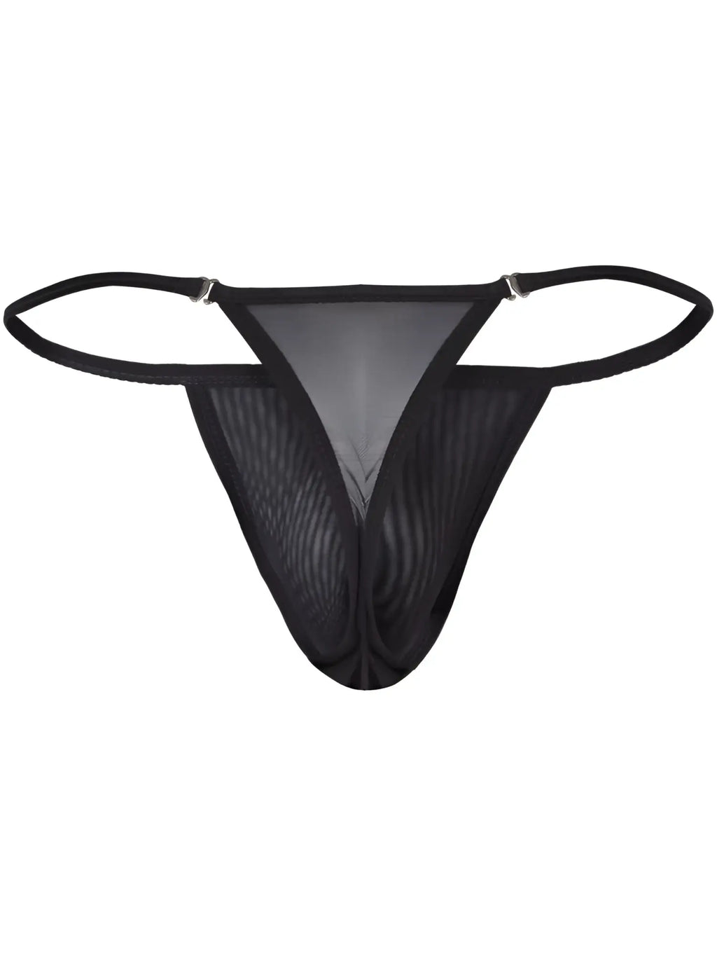Clever 26058 Eos black mesh thong with thin straps and metallic ring accents. Stylish, breathable, minimal design.