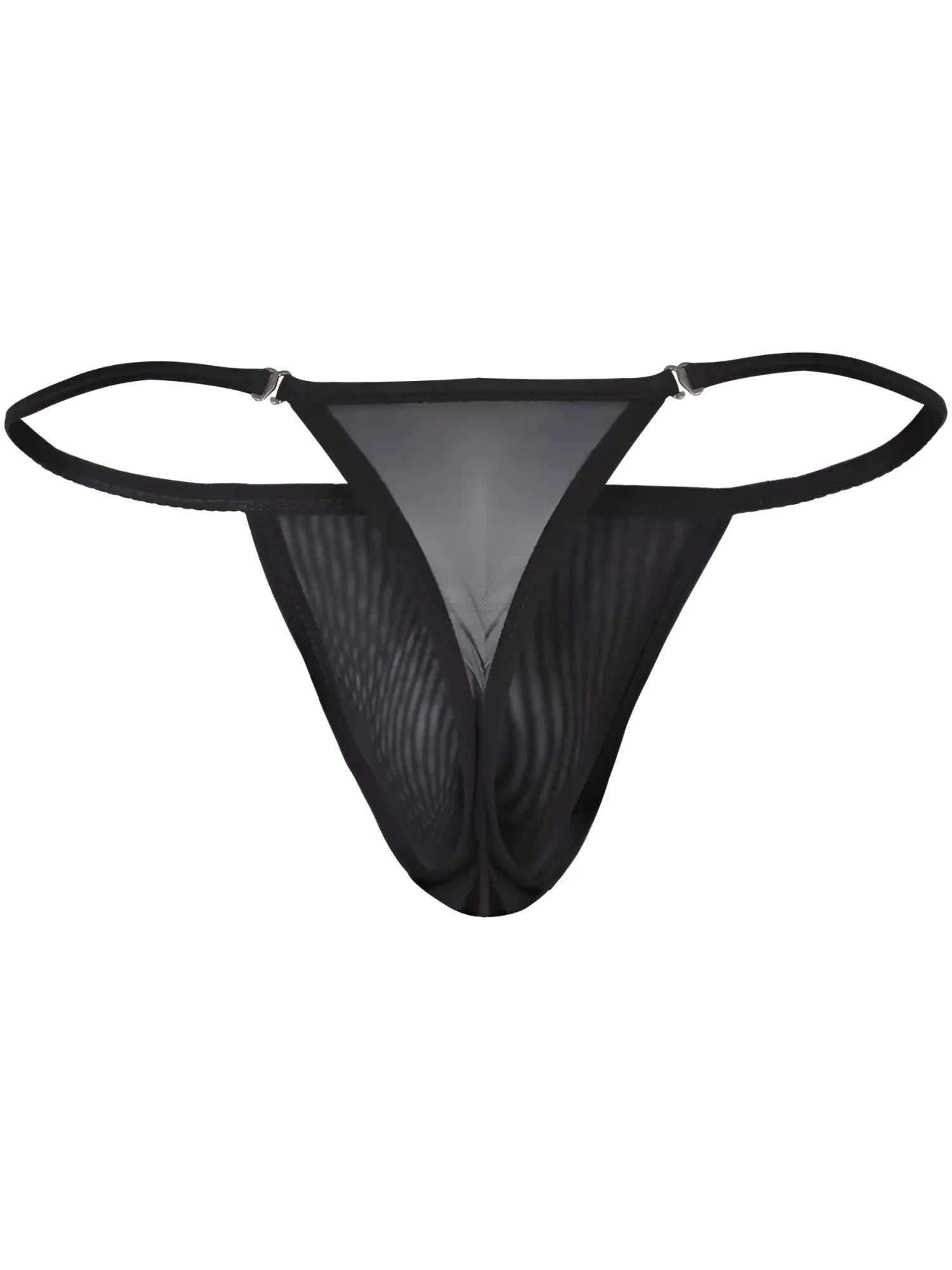 Clever 26058 Eos black mesh thong with thin straps and metallic ring accents. Stylish, breathable, minimal design.