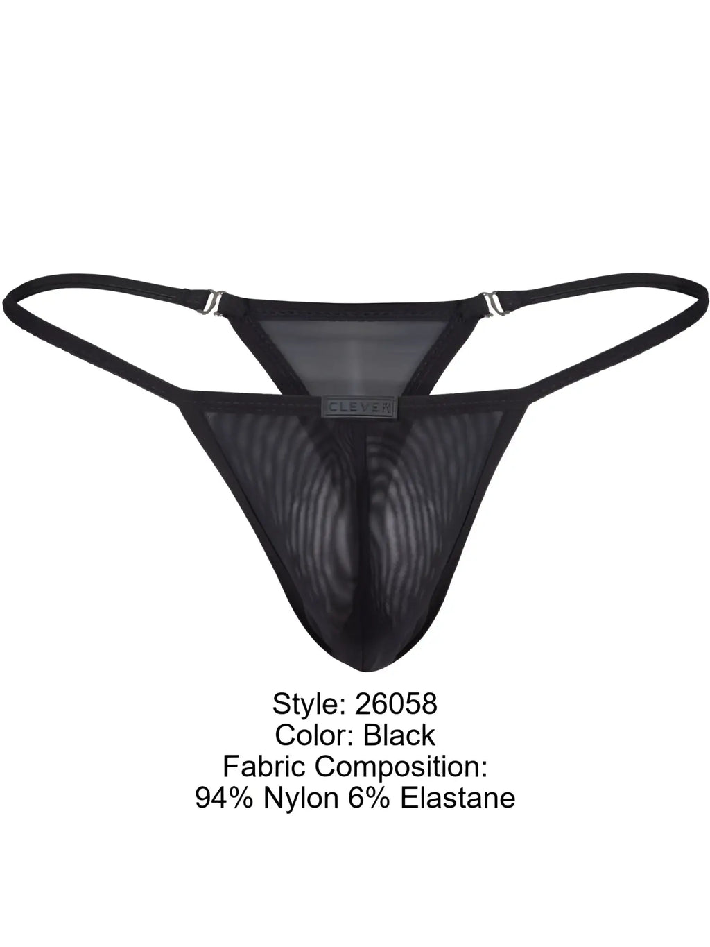 Clever 26058 Eos black sheer mesh thong with thin straps, side hardware detailing, and a front center logo tab.