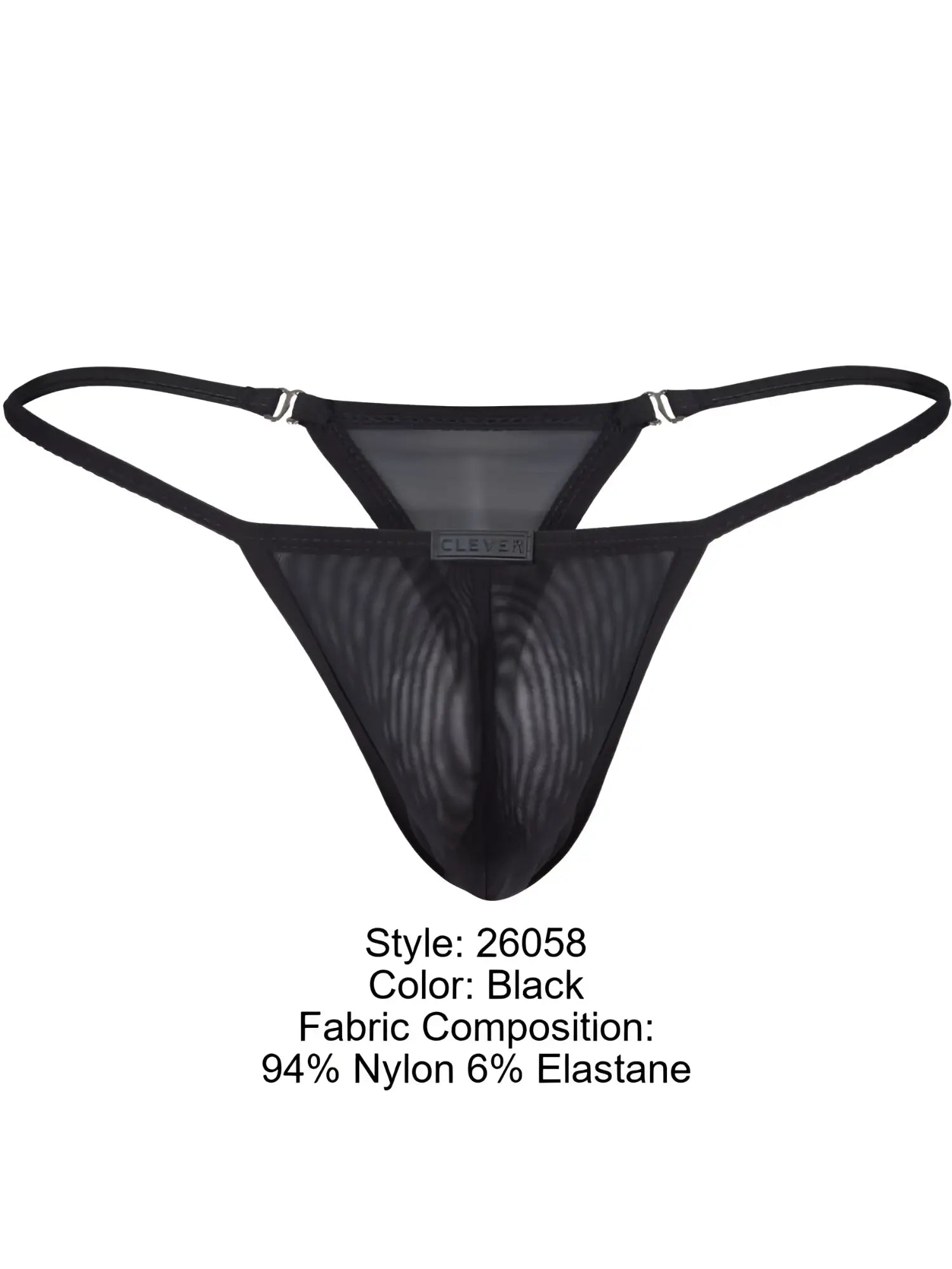 Clever 26058 Eos black sheer mesh thong with thin straps, side hardware detailing, and a front center logo tab.
