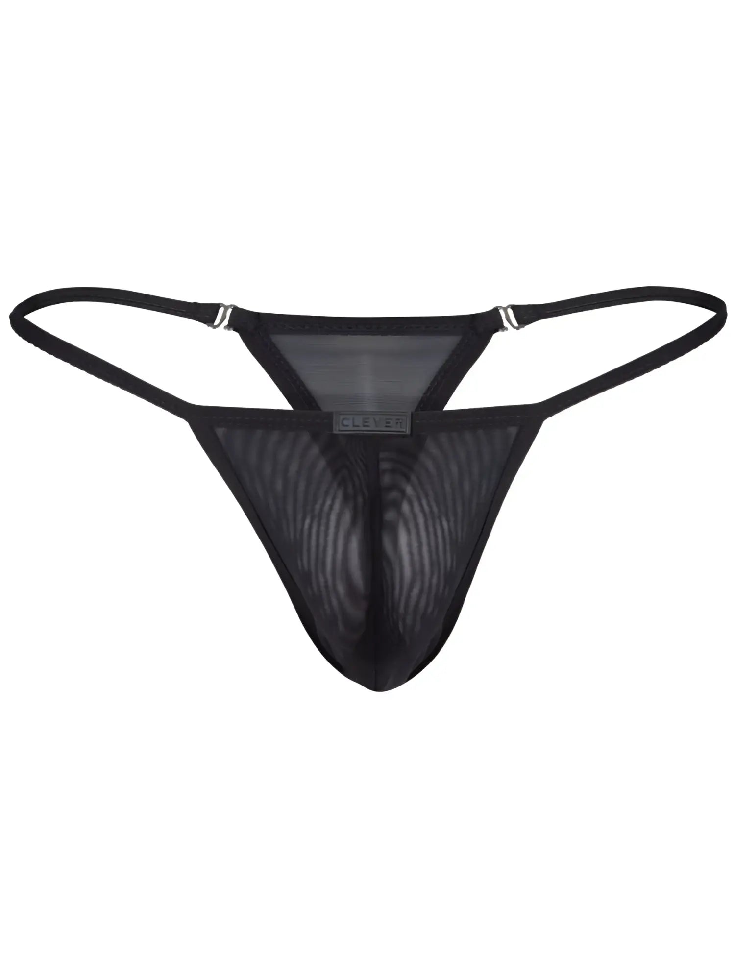 Clever 26058 Eos black mesh thong with thin side straps, silver rings, and center logo patch on a white background.