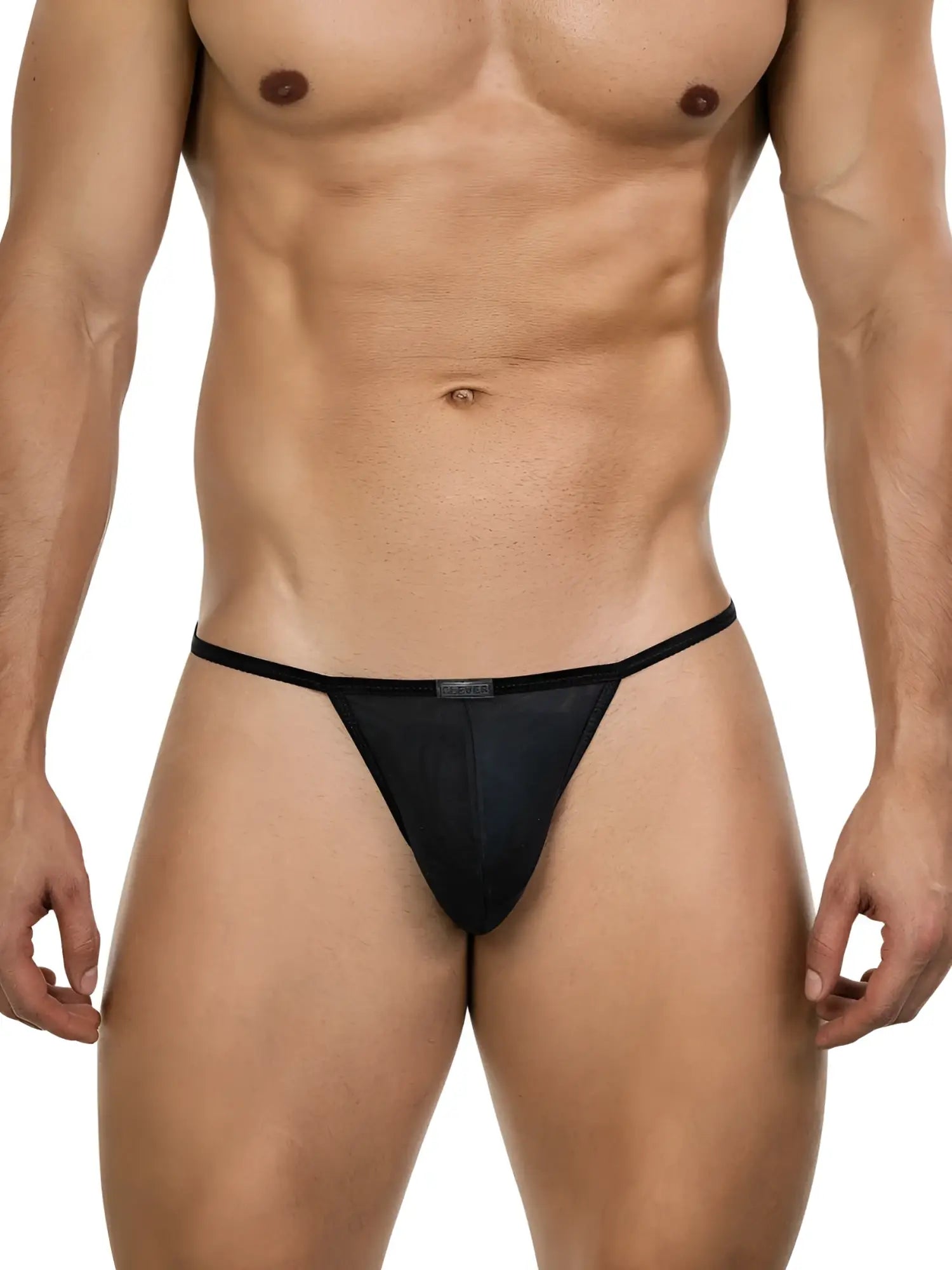 Clever 26058 Eos black thong with minimal, breathable design worn by a fit male torso.