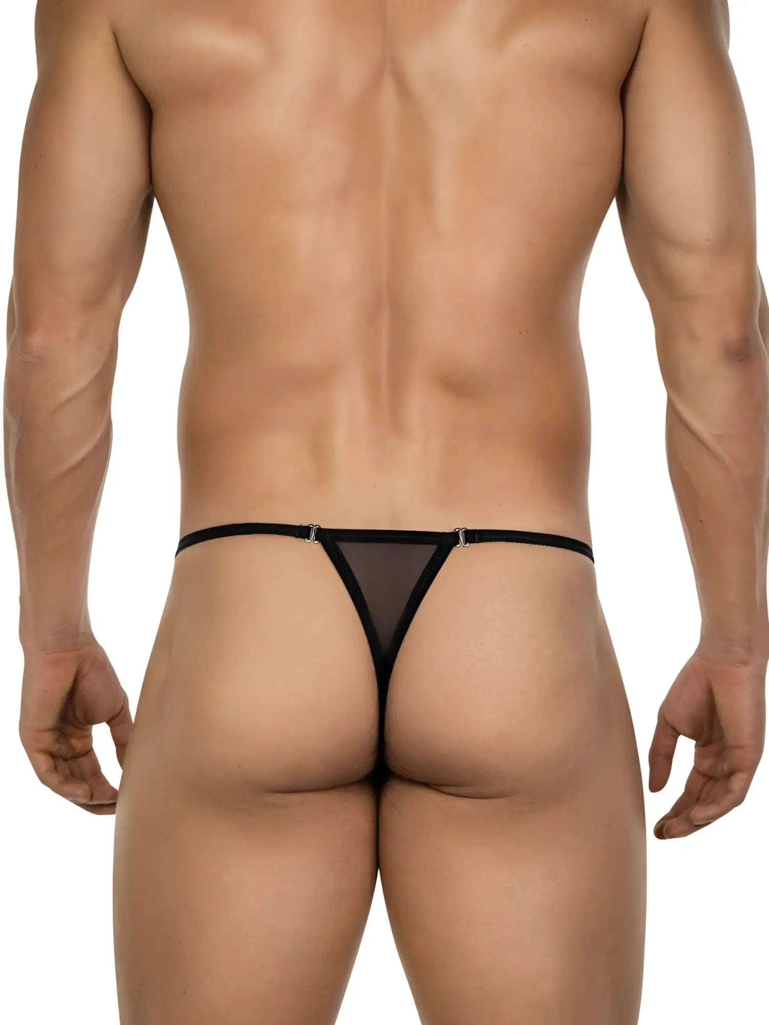 Clever 26058 Eos black thong with sheer fabric, thin sides, and silver ring connectors viewed from the back.
