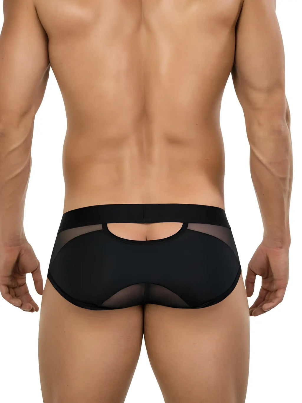 Back view of man wearing Clever 26059 Tanatos black briefs with a cutout design and sheer mesh accents.