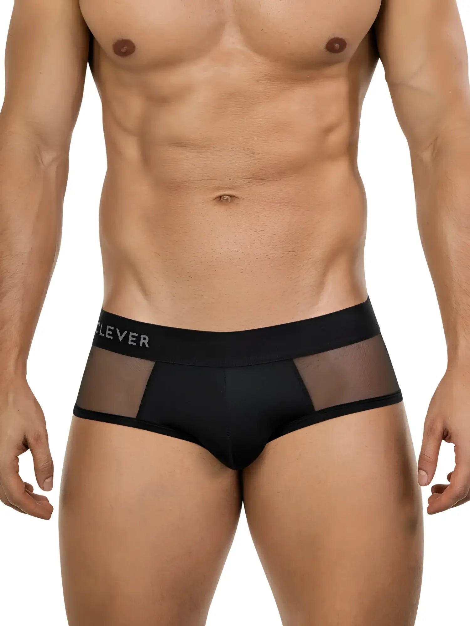 Clever 26059 Tanatos black briefs with mesh side panels and a branded elastic waistband, worn by a fit male model.