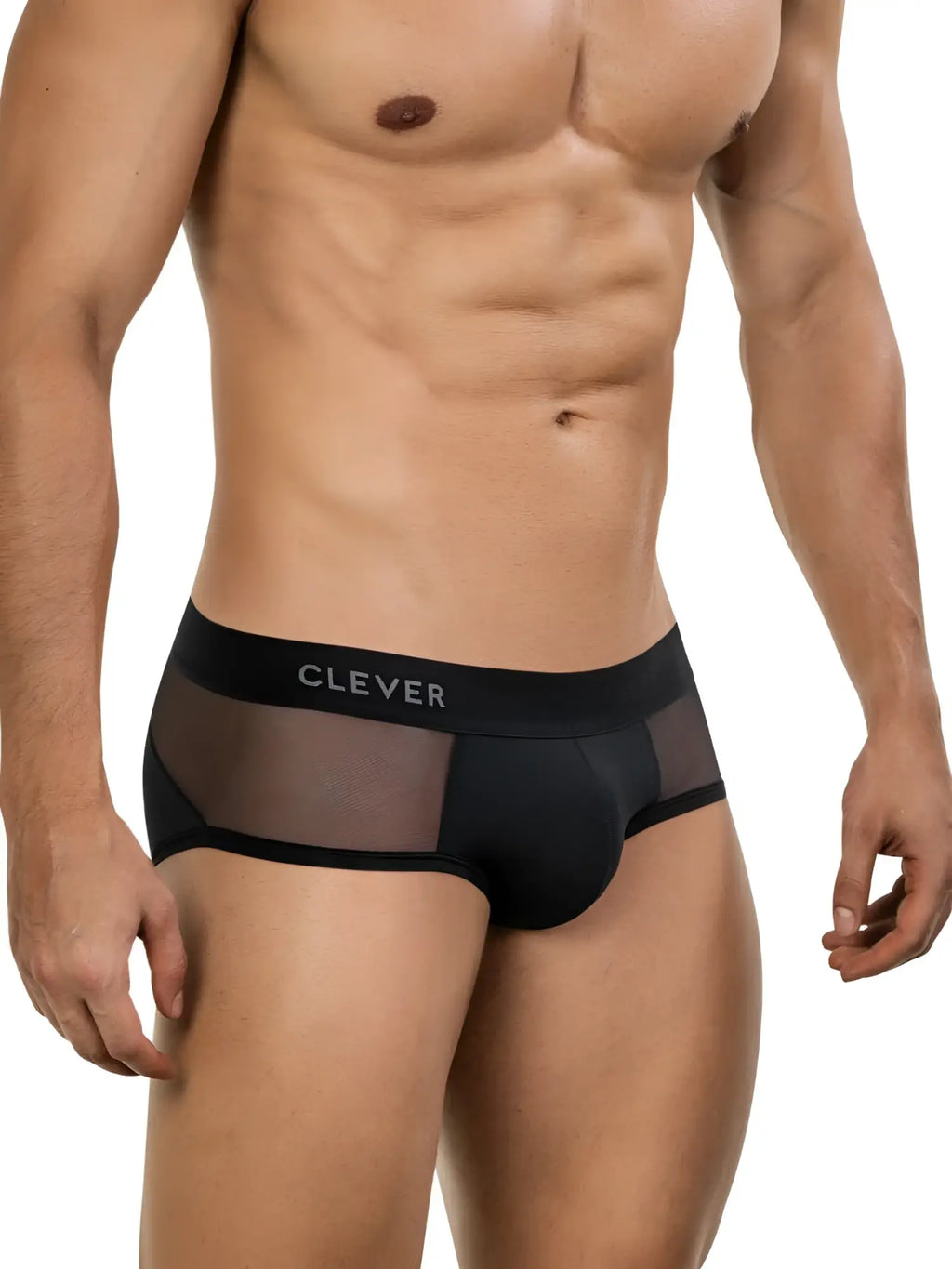 Clever 26059 Tanatos black briefs featuring sheer mesh side panels and a branded elastic waistband on a fit model.