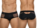Front and back view of black Clever 26059 Tanatos briefs with sheer mesh side panels and an open-back cutout detail.