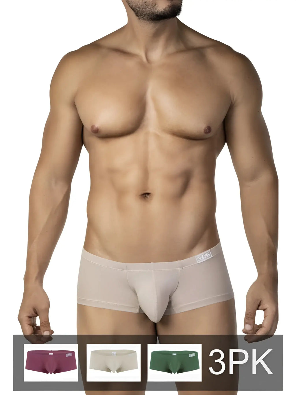 Beige clever 26066 australian latin trunks with smooth form-fitting design and subtle waistband brand tag multi-colored pack