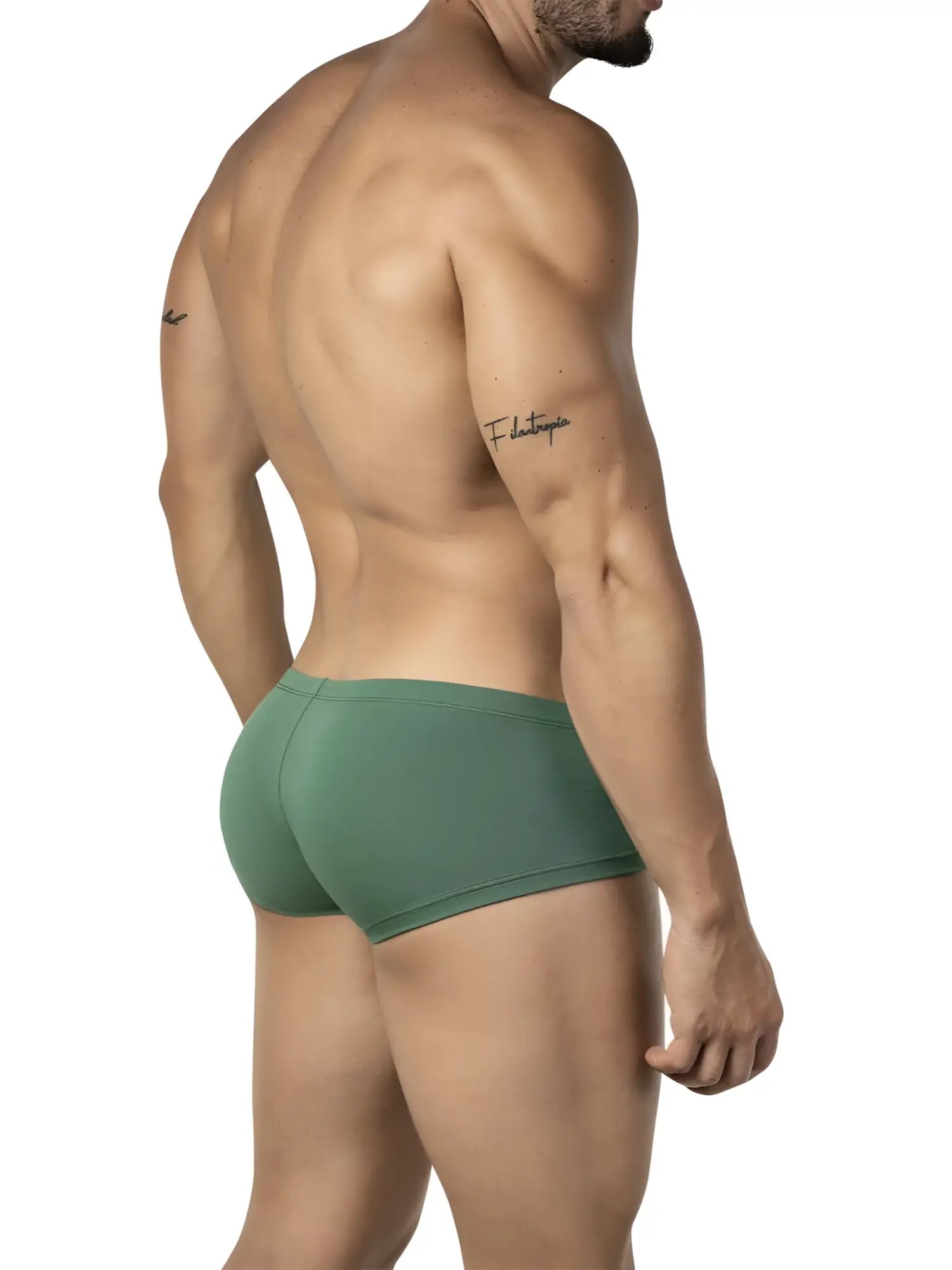 A pair of olive green clever 26066 australian latin trunks briefs with smooth stretchy fabric and minimalist design