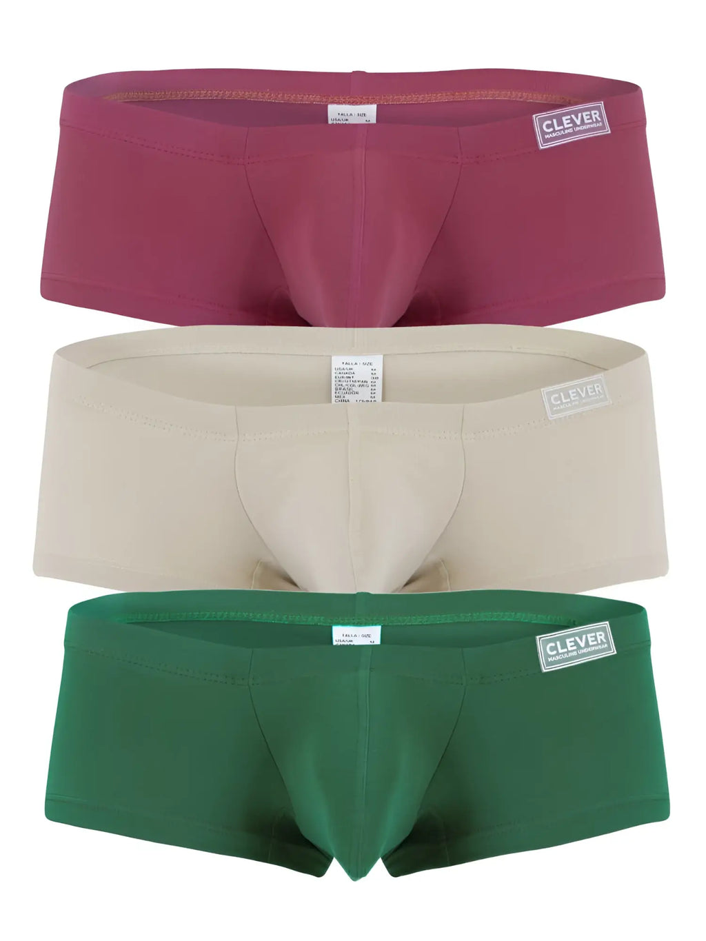 Set of three clever australian latin trunks in maroon beige and green featuring soft stretch fabric in multi-colored pack