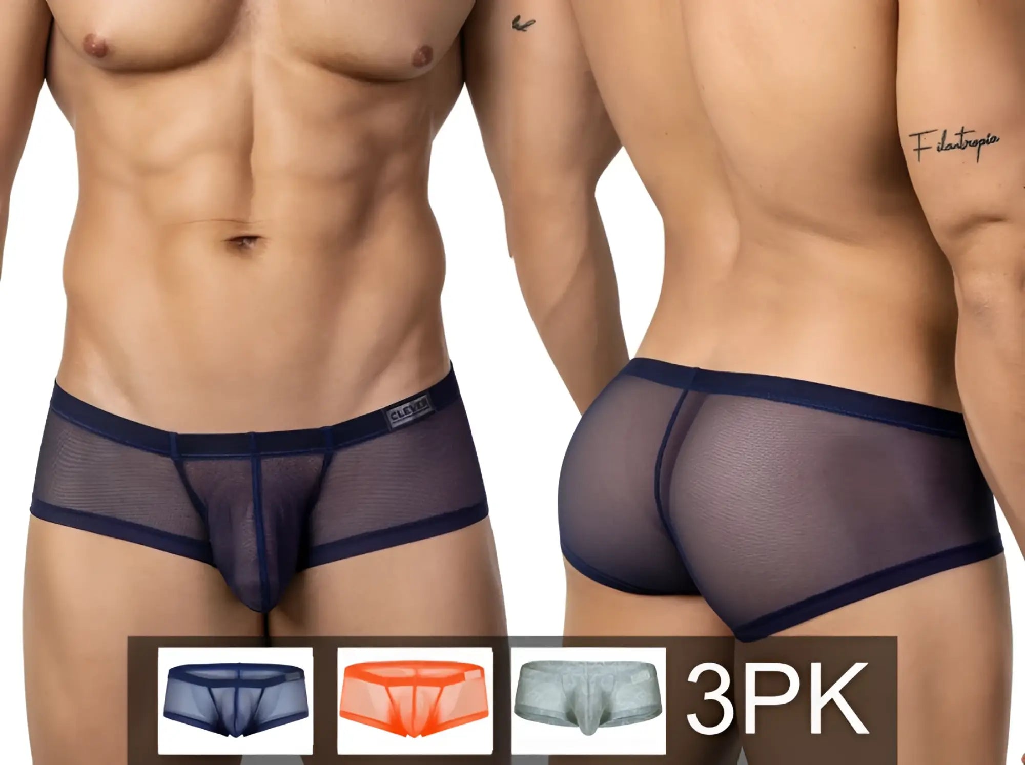Navy blue sheer mesh briefs with solid trim and branded waistband from clever 26067 3pk australian latin trunks multi-colored