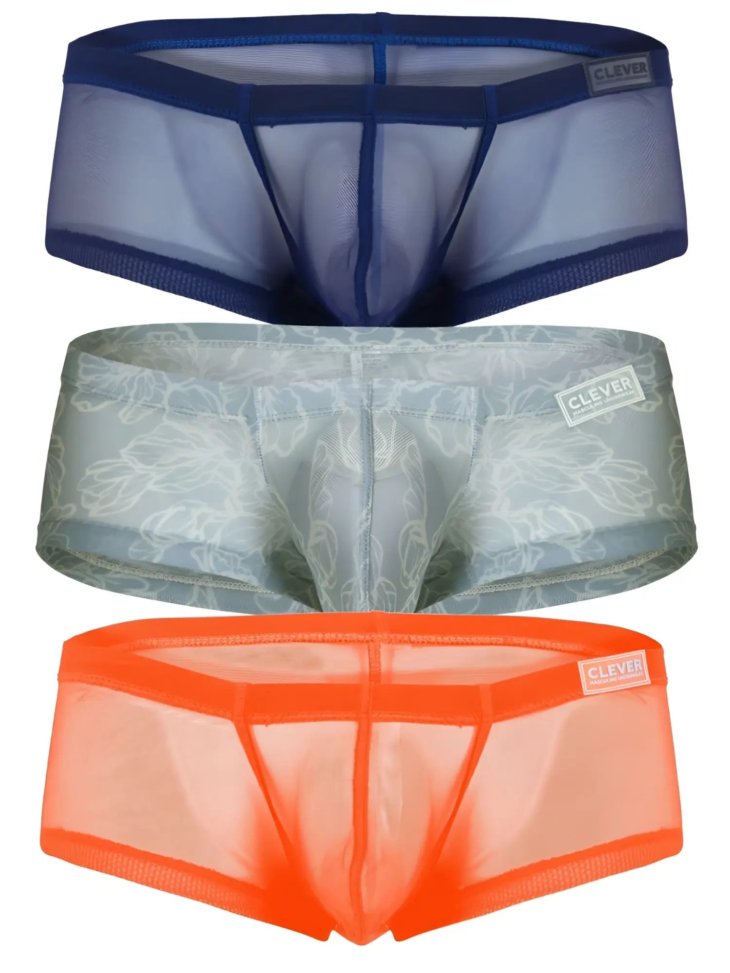 Three pairs of clever 26067 sheer mesh australian latin trunks in navy blue light gray floral and bright orange colors