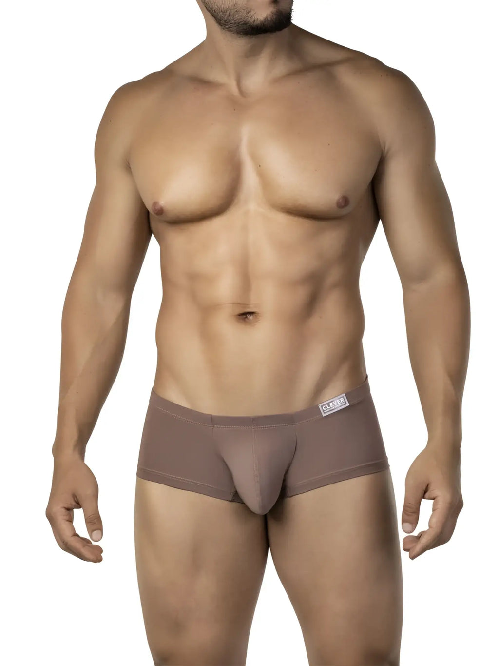 Tan-colored form-fitting clever 26068 men’s briefs with smooth fabric and small brand tag on waistband in multi-colored pack