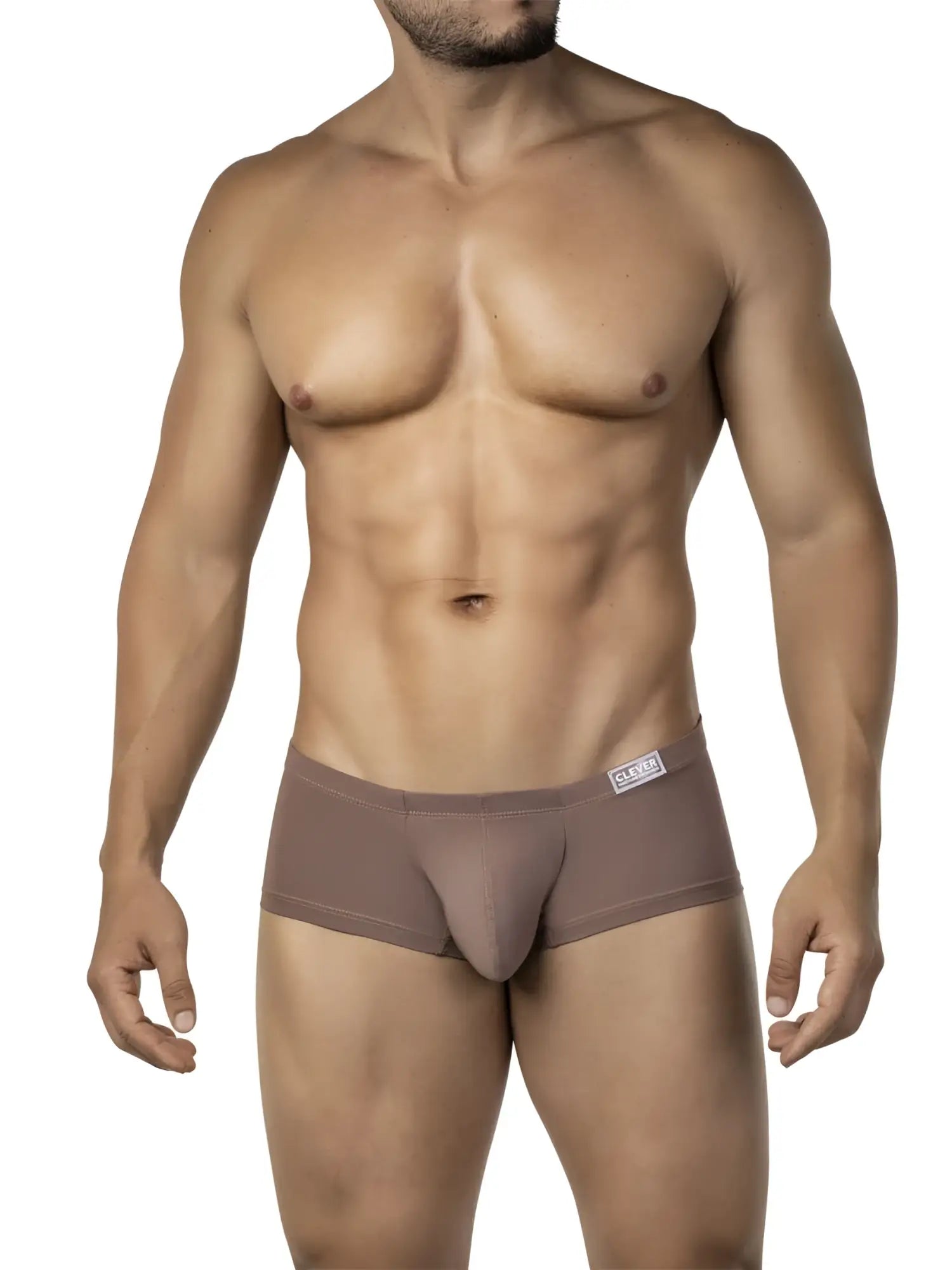Tan-colored form-fitting clever 26068 men’s briefs with smooth fabric and small brand tag on waistband in multi-colored pack