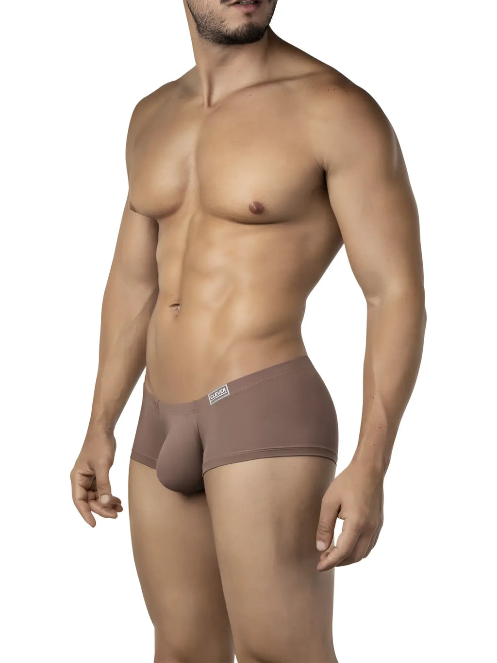 Tan-colored form-fitting men’s briefs with a subtle logo on the waistband from clever 26068 3pk australian latin trunks