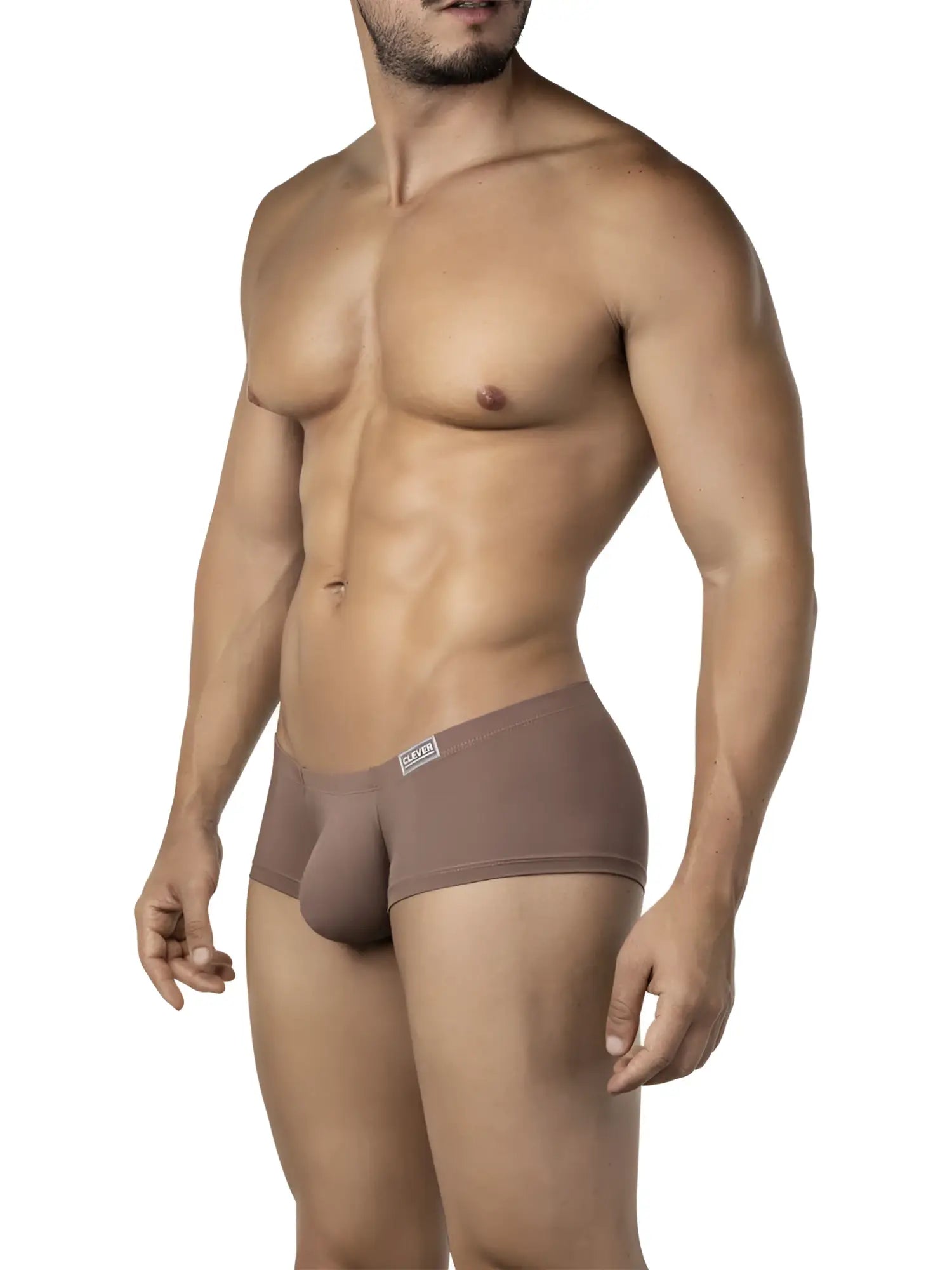 Tan-colored form-fitting men’s briefs with a subtle logo on the waistband from clever 26068 3pk australian latin trunks