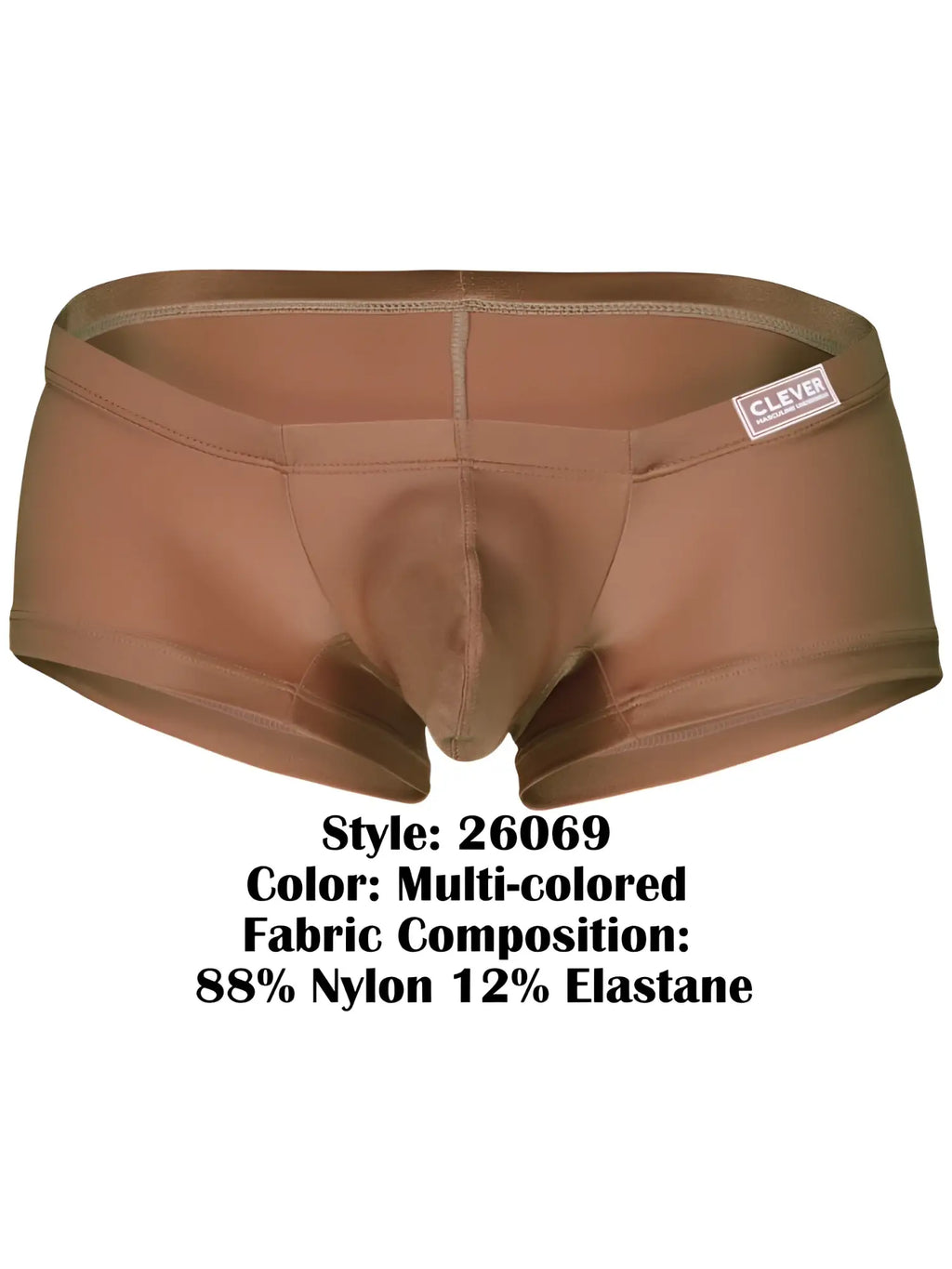 Brown multi-colored men’s briefs made of 88% nylon 12% elastane with clever label on waistband from clever 26069 3pk