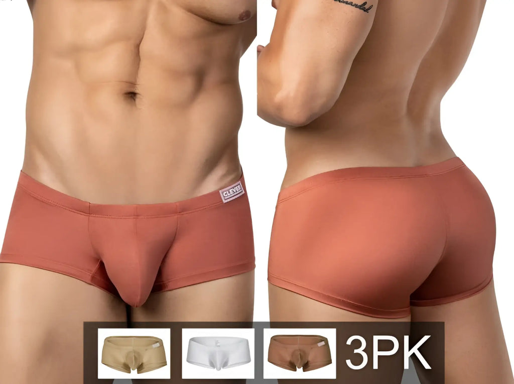 Copper-colored form-fitting men’s briefs with subtle clever brand tag on waistband from clever 26069 3pk trunks