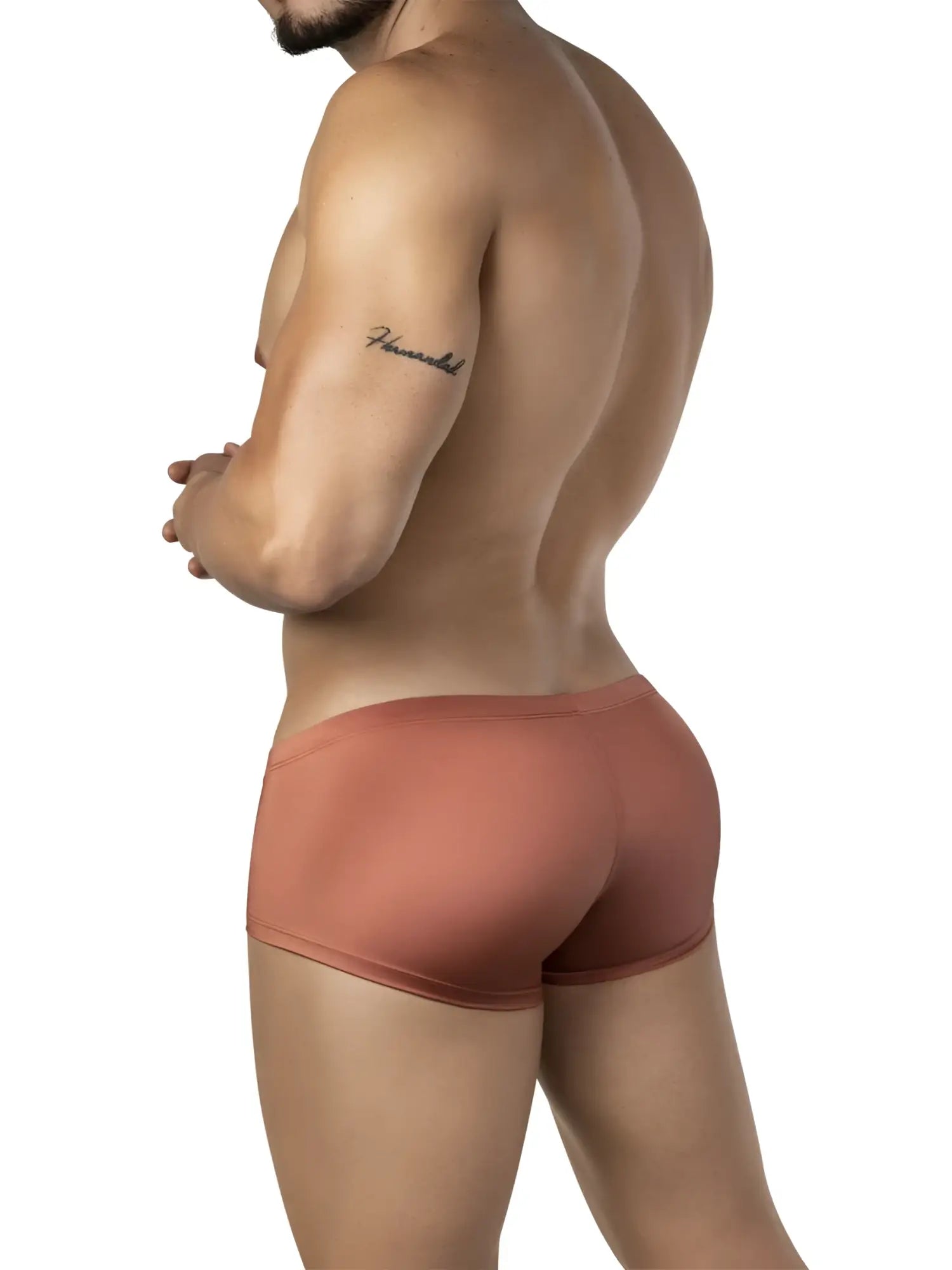 Tan-colored form-fitting men’s briefs made of smooth stretchy fabric from clever 26069 3pk australian latin trunks multi-colored set
