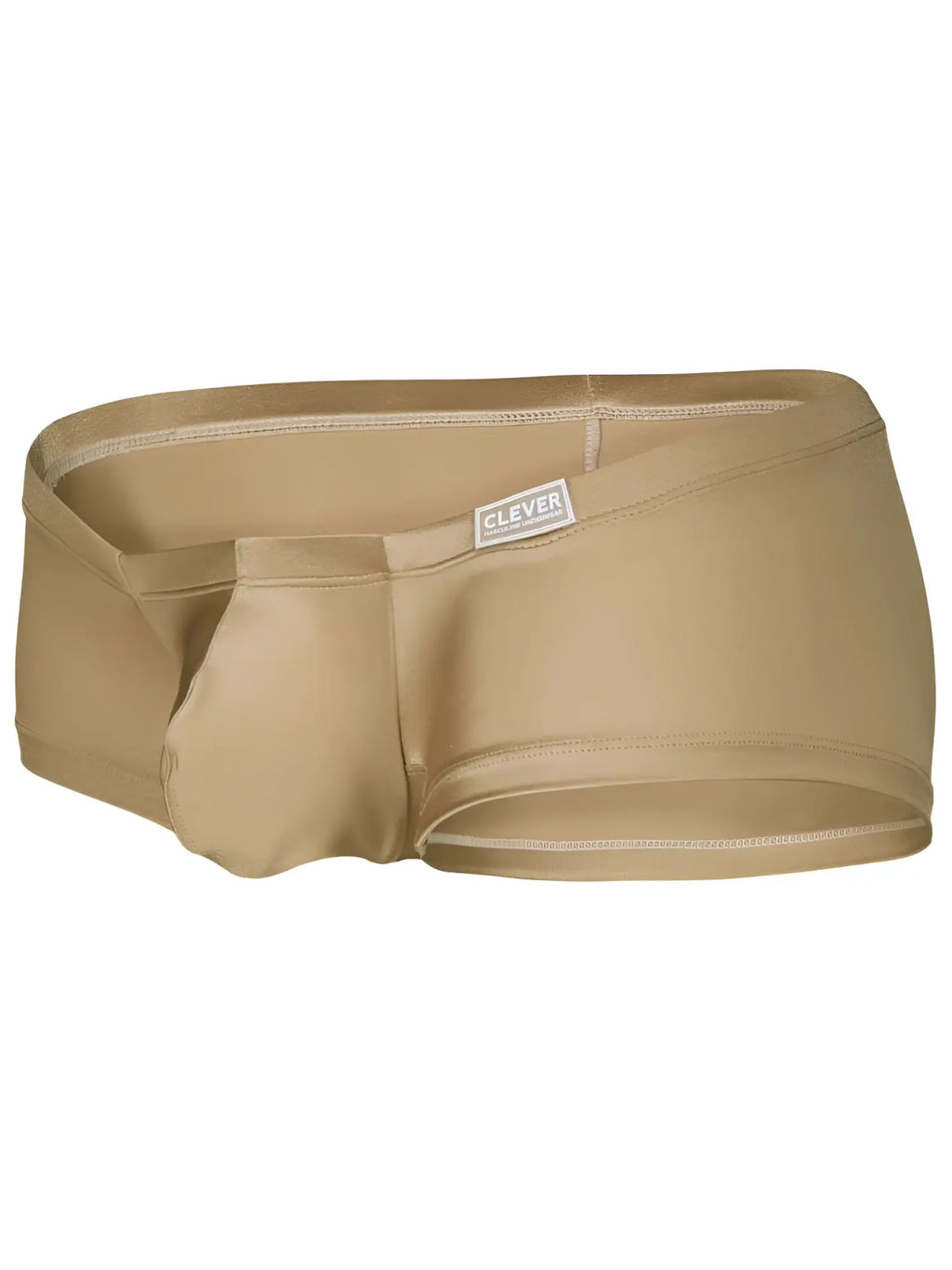 Tan-colored stretchy fabric briefs with sleek design and clever brand label on waistband from clever 26069 3pk trunks