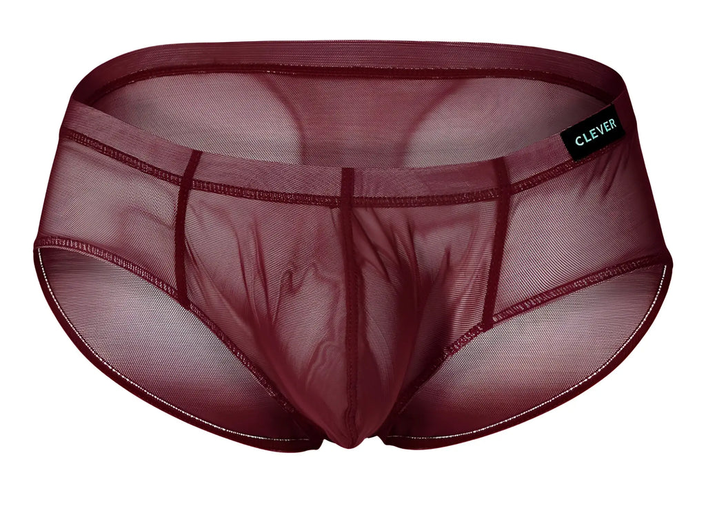 Maroon sheer mesh briefs with black clever brand tag on waistband clever 519962 australian latin briefs