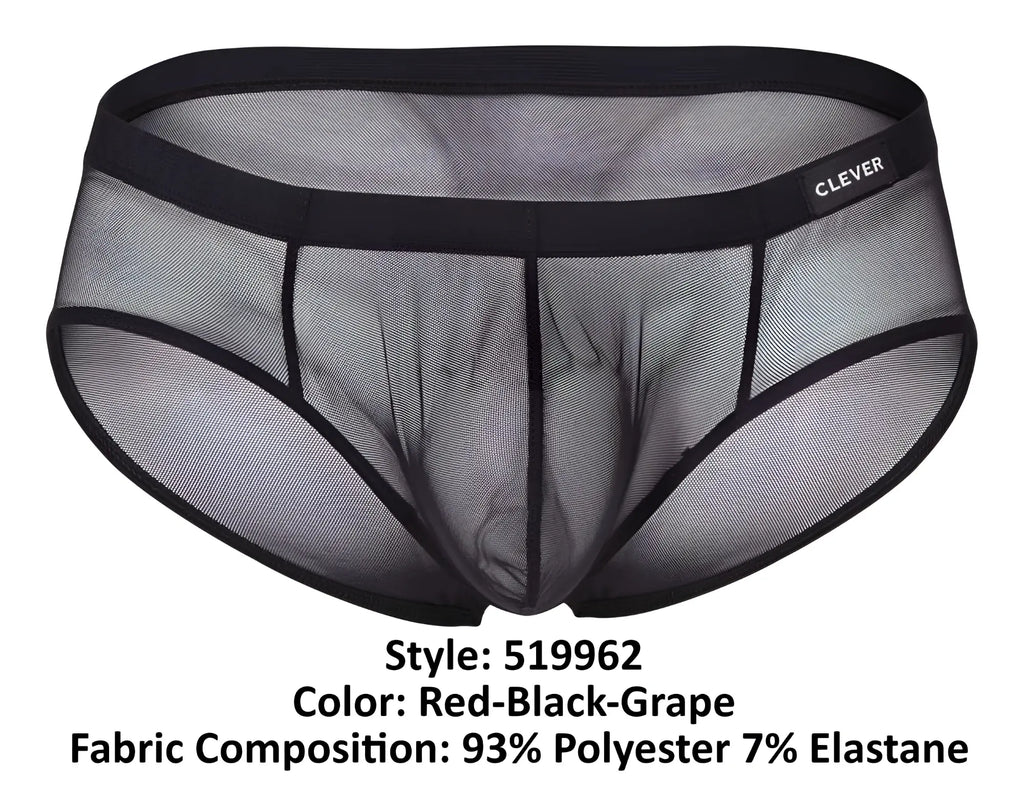 Black mesh clever Latin briefs with solid black waistband and brand label in red black and grape colors