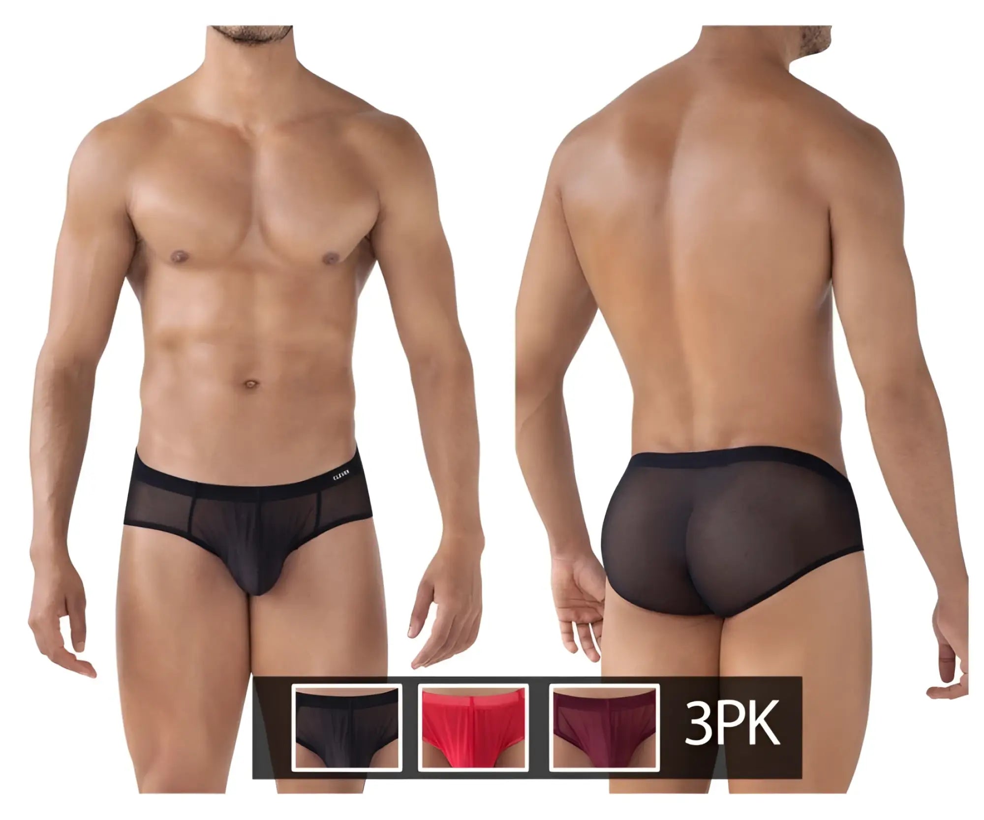 Black mesh briefs with solid black waistband from clever 519962 3PK australian latin briefs in red-black-grape colors
