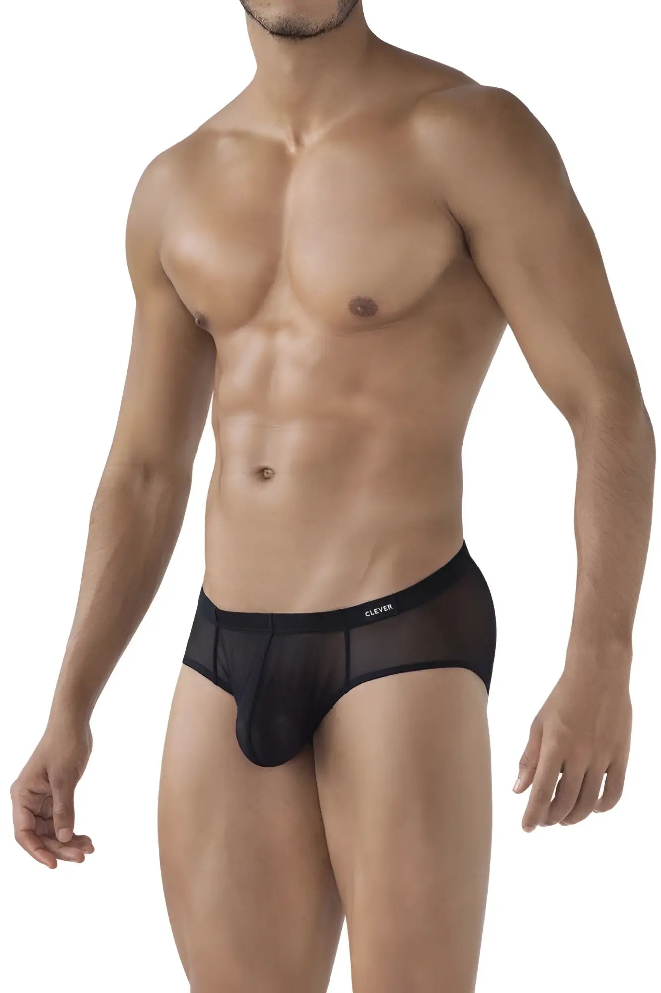 Black sheer mesh briefs with solid black Clever waistband from Clever 519962 3PK Australian Latin Briefs in black